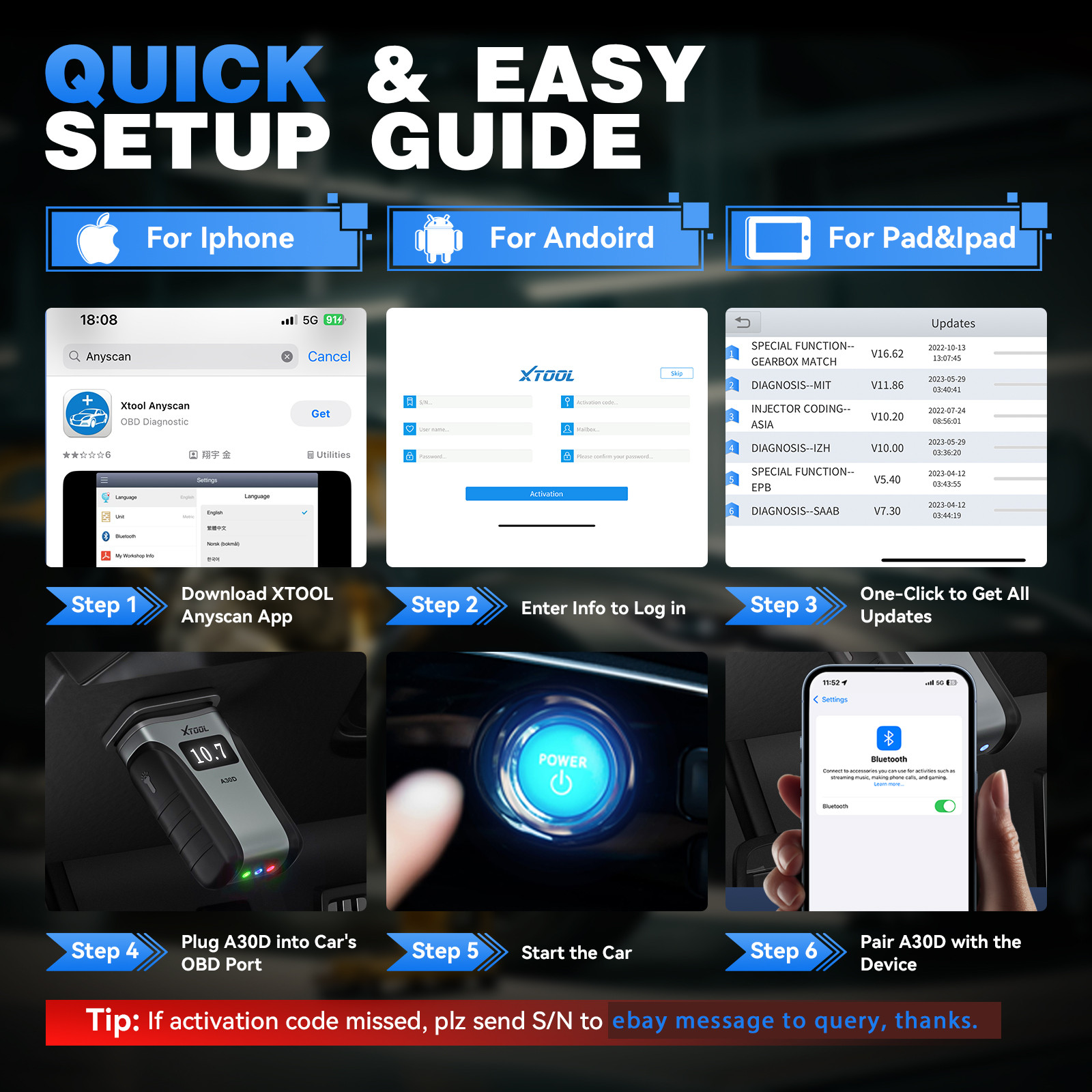 XTOOL A30D V2.0 Bluetooth OBD2 Scanner Full System Diagnostic Tool FCA AutoAuth