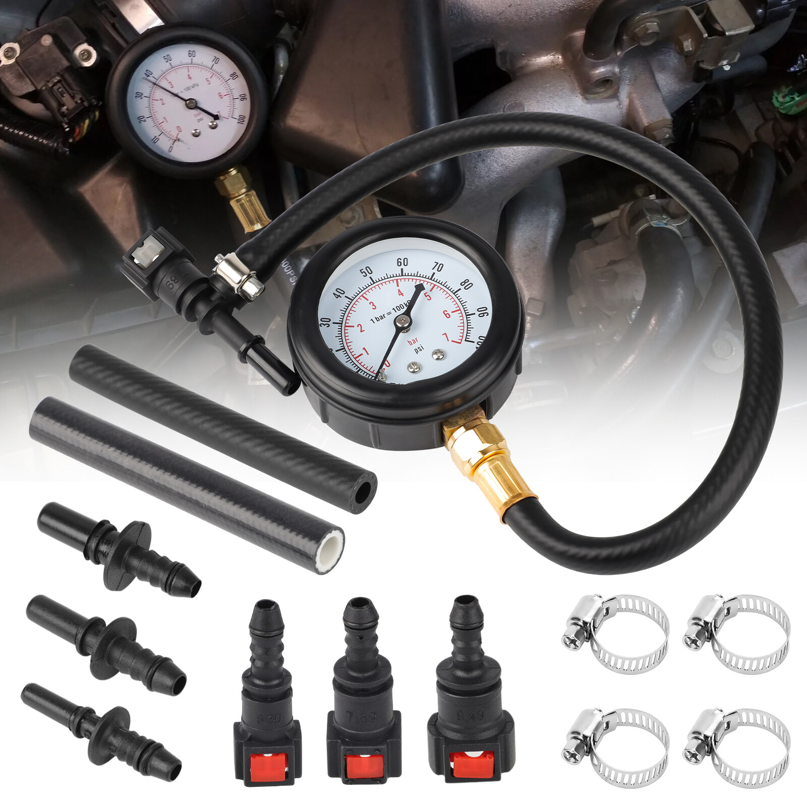 Car Fuel Injection Pressure Tester Gauge Set with 3PCS Quick Connectors 0-100PSI
