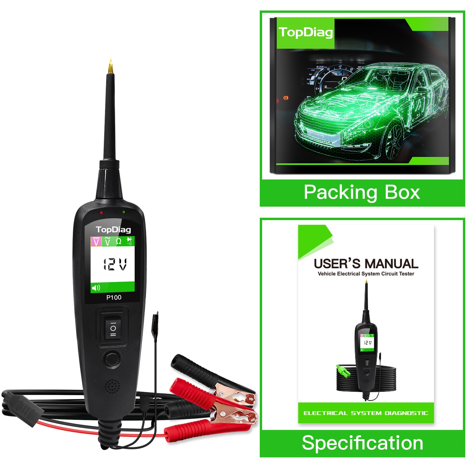 Topdiag P100 12-24V Car Electrical Circuit Tester Power Probe AVO Meter 2M Cable