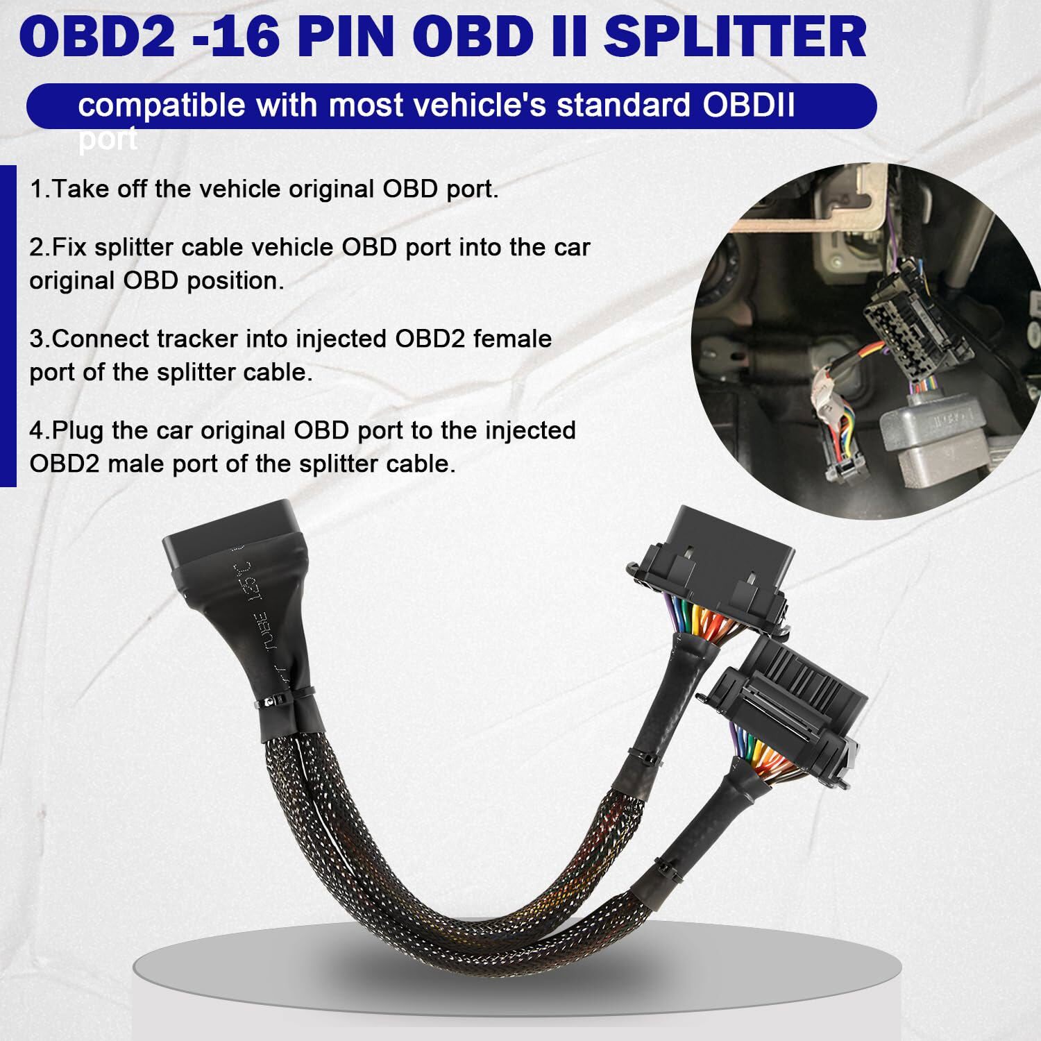 OBD II Splitter Extension Cable Adapter 16 Pin for Standard OBD II Port 1ft/30CM