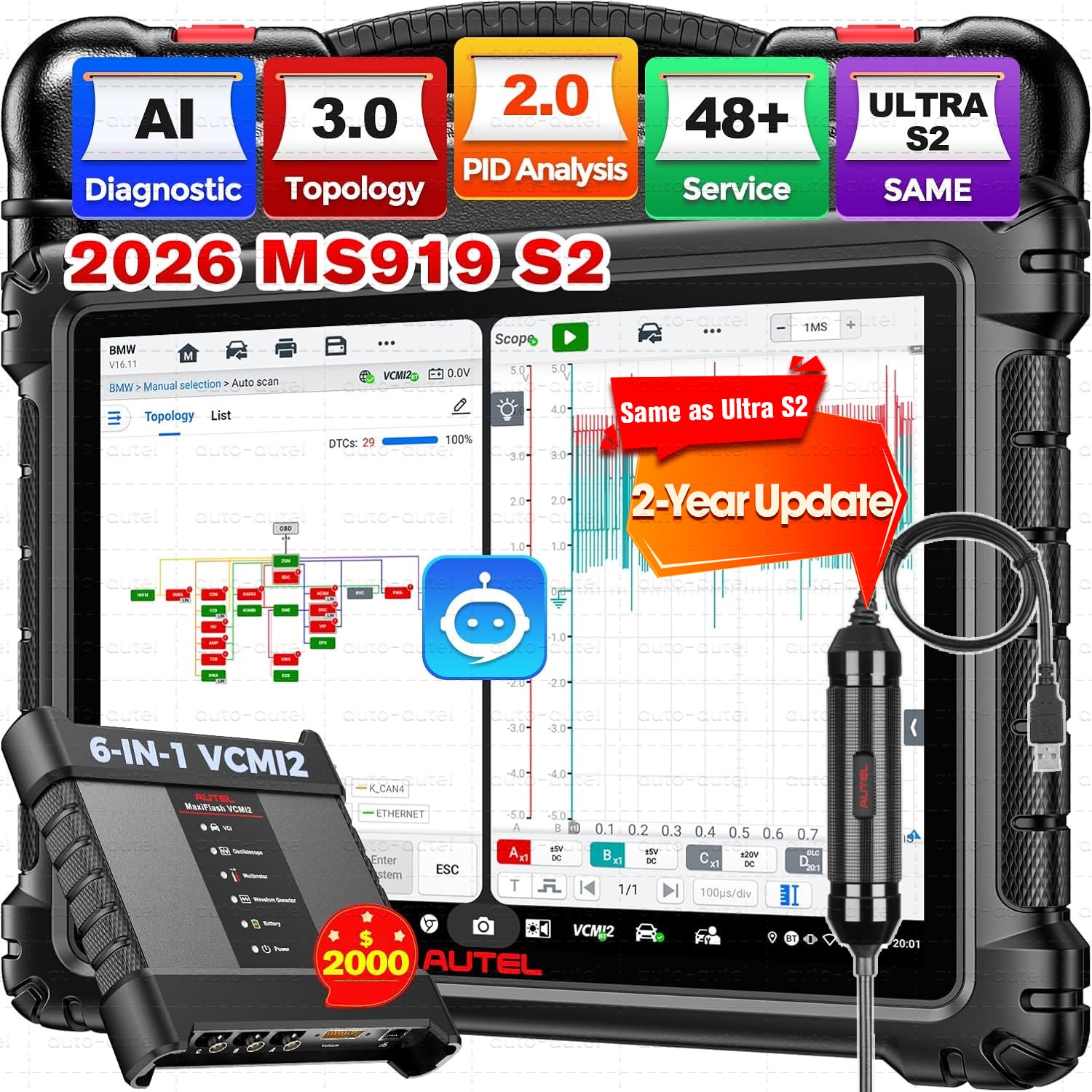 Autel MaxiSys MS919 S2 AI Diagnostic VCMI2 Enhanced Oscilloscope Topology 3.0 US