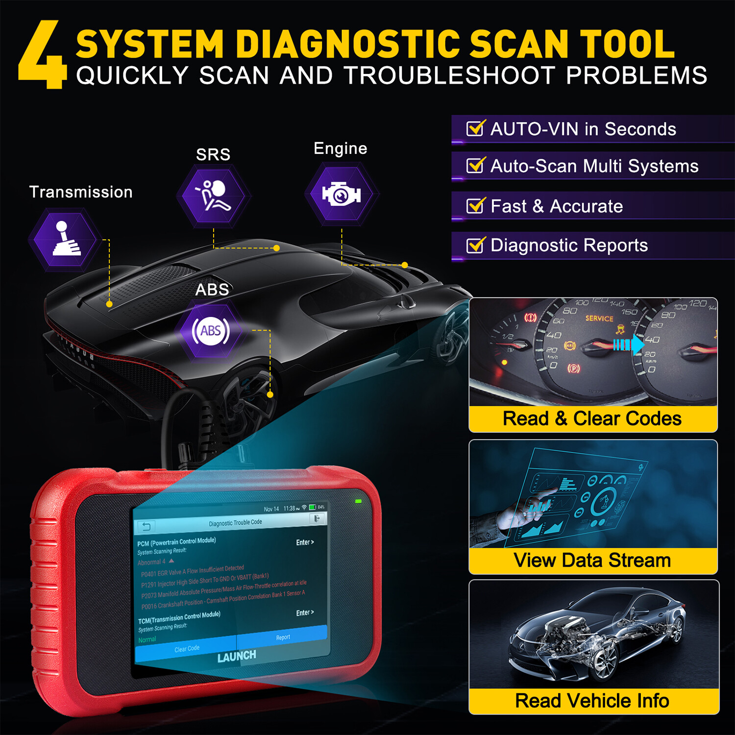 LAUNCH CRP129E V2.0 OBD2 Scanner Engine ABS SRS Code Reader Car Diagnostic Tool