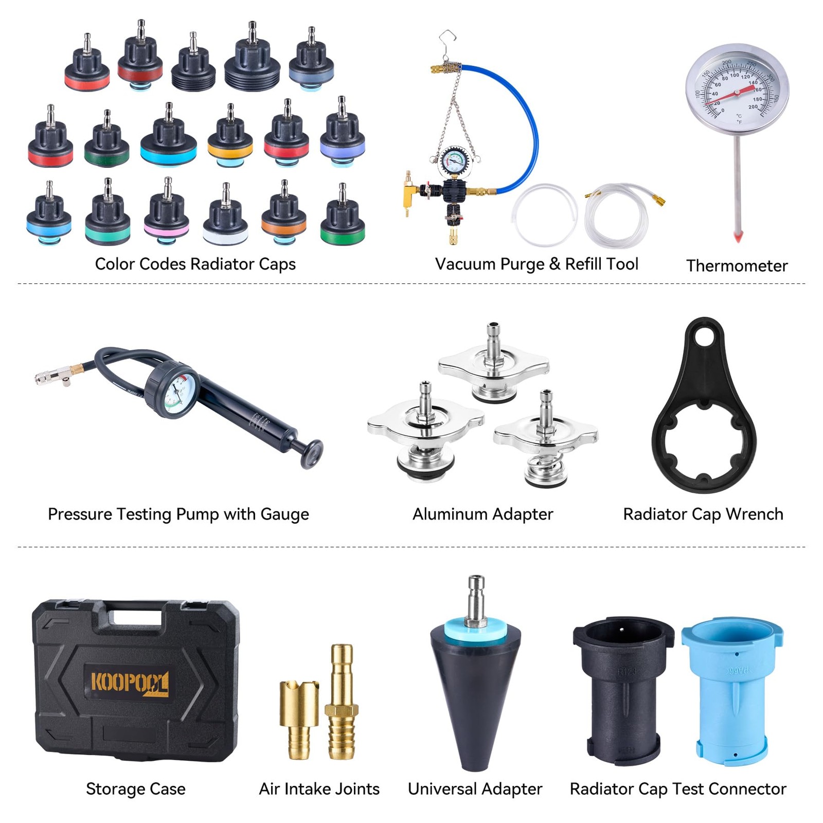 KOOPOOL 30PCS Radiator Pressure Tester Kit, Coolant 30pcs, Black