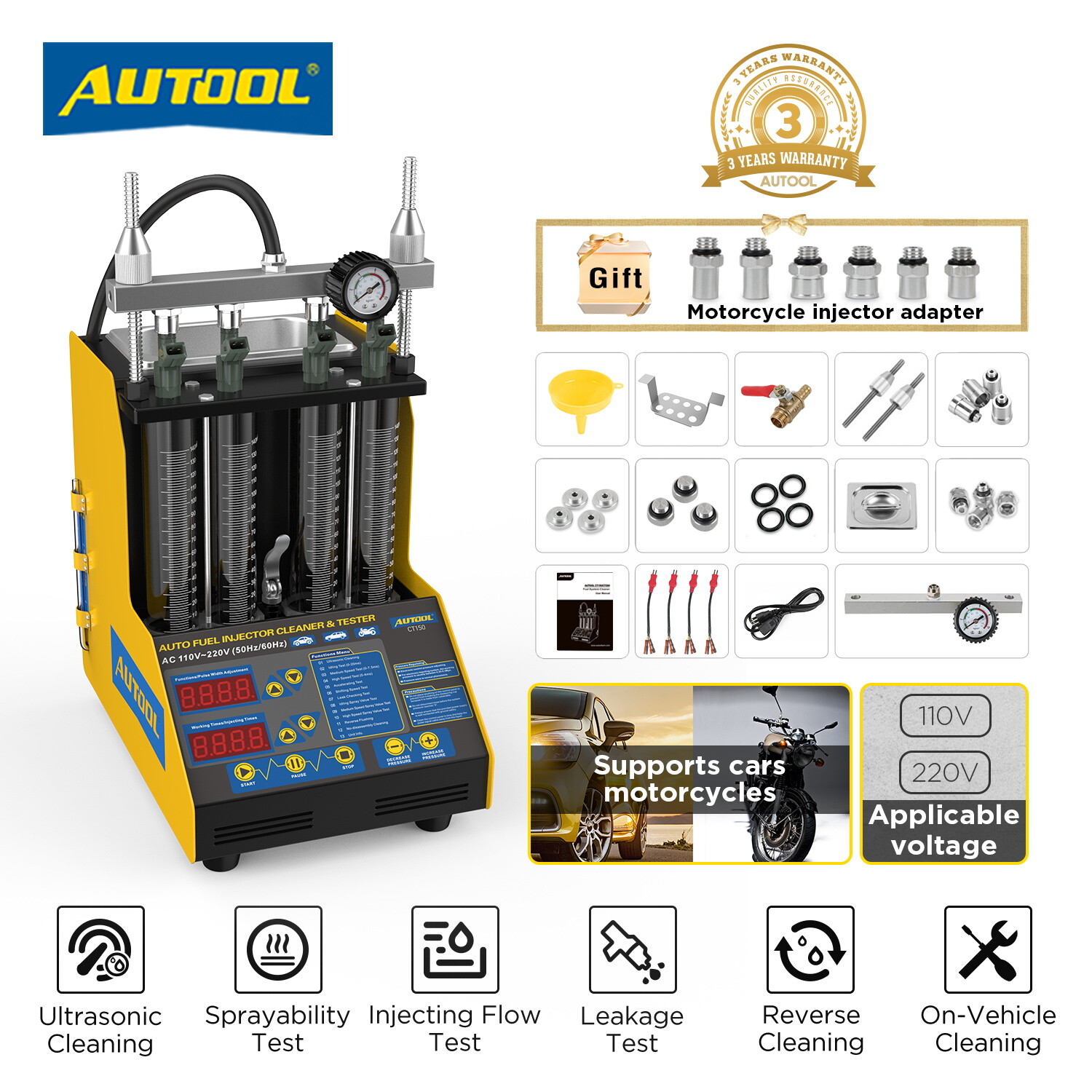 AUTOOL Car Fuel Injector Tester & Cleaner Ultrasonic Cleaning Reverse Flush US