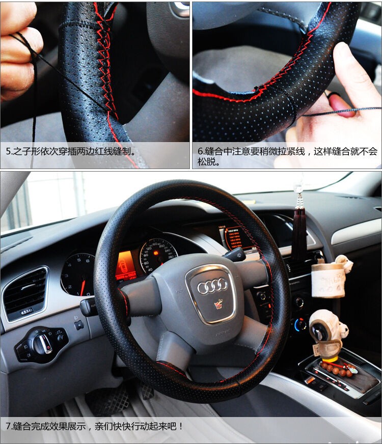 GREY DIY Genuine Cowhide Car Braid Leather Steering Wheel Cover 38 CM Universal