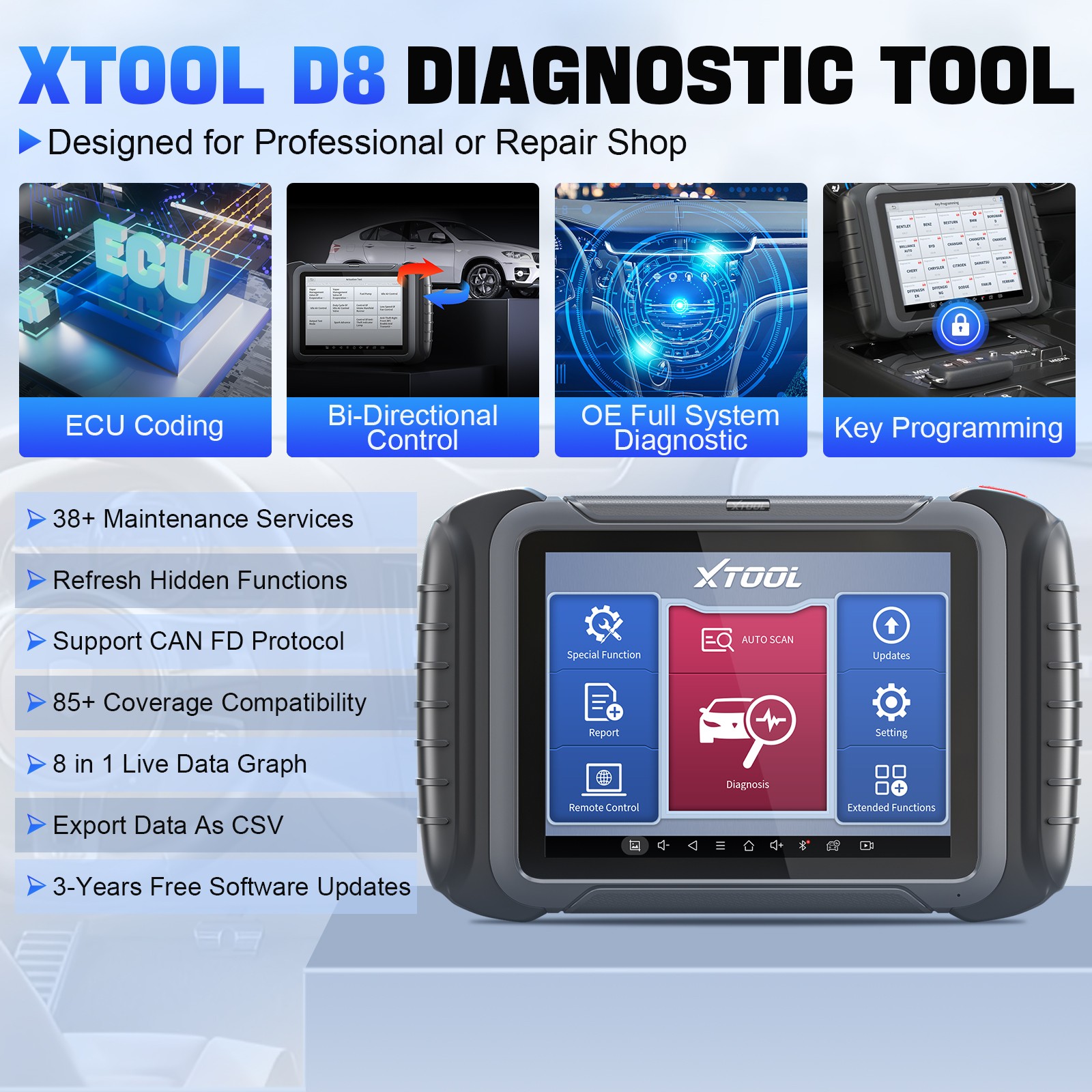 XTOOL D8 Full System Auto Diagnostic Tool OBD2 Scanner Topology Mapping 38 Reset