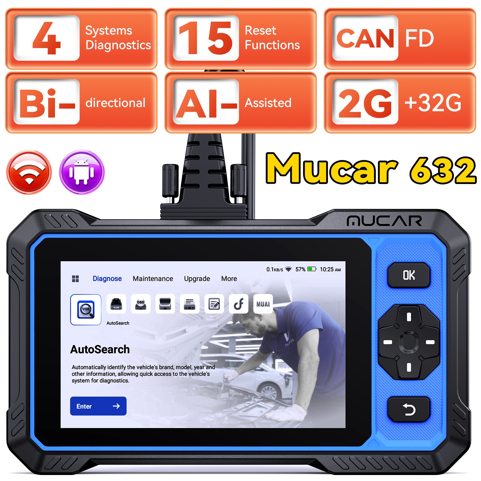MUCAR 632 OBD2 Scanner Engine ABS SRS SAS AT TPMS EPB Diagnostic Tool 12+Service