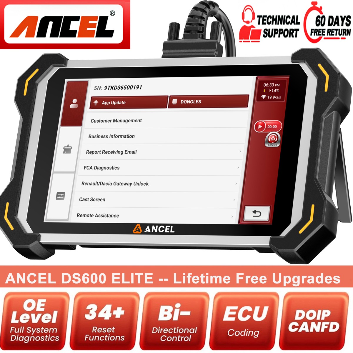 ANCEL DS600 Elite Bidirectional OBD2 Diagnostic Scanner Tool TPMS A/F Reset