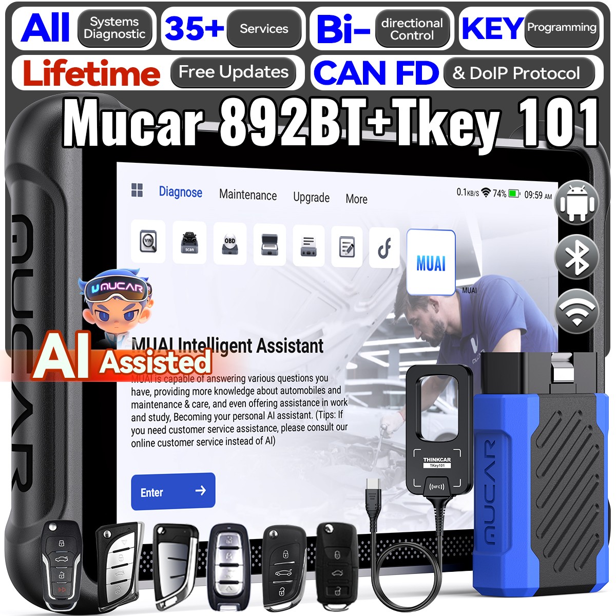 Mucar 892BT with Thinkcar Tkey 101 AI Assisted OBD2 Diagnostic Tool CANFD DOIP