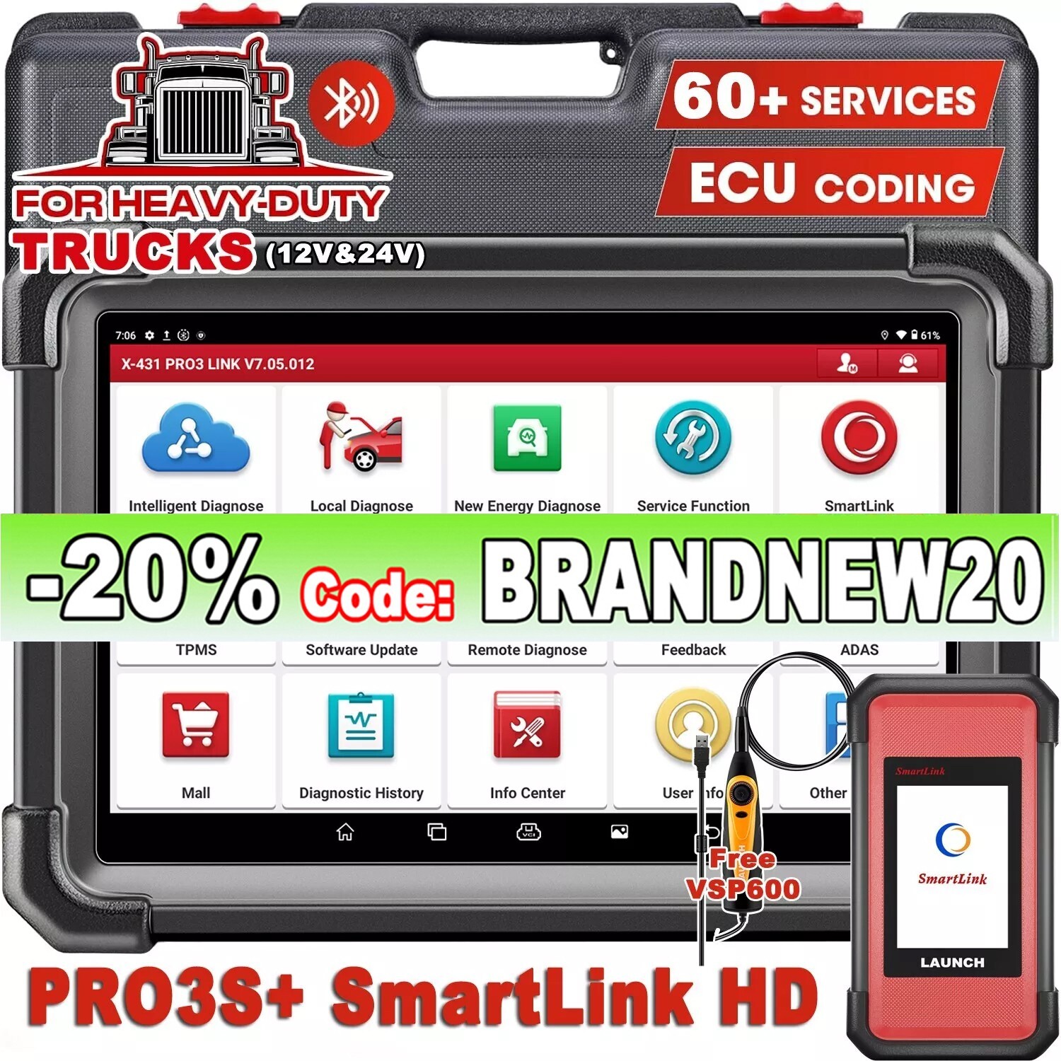 2024 LAUNCH X431 V+ PRO3S+ SmartLink HD Heavy Duty Truck Scanner Diagnostic TPMS