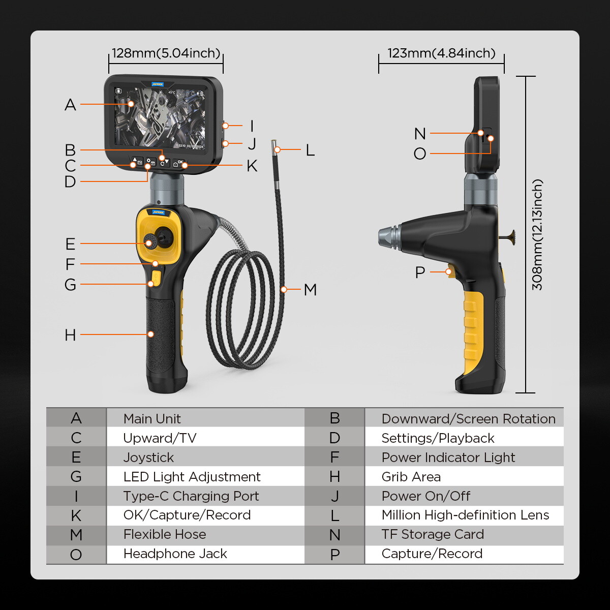 Endoscope Camera 1080P HD 5″ Screen Borescope 2-Way 210° Inspection Camera