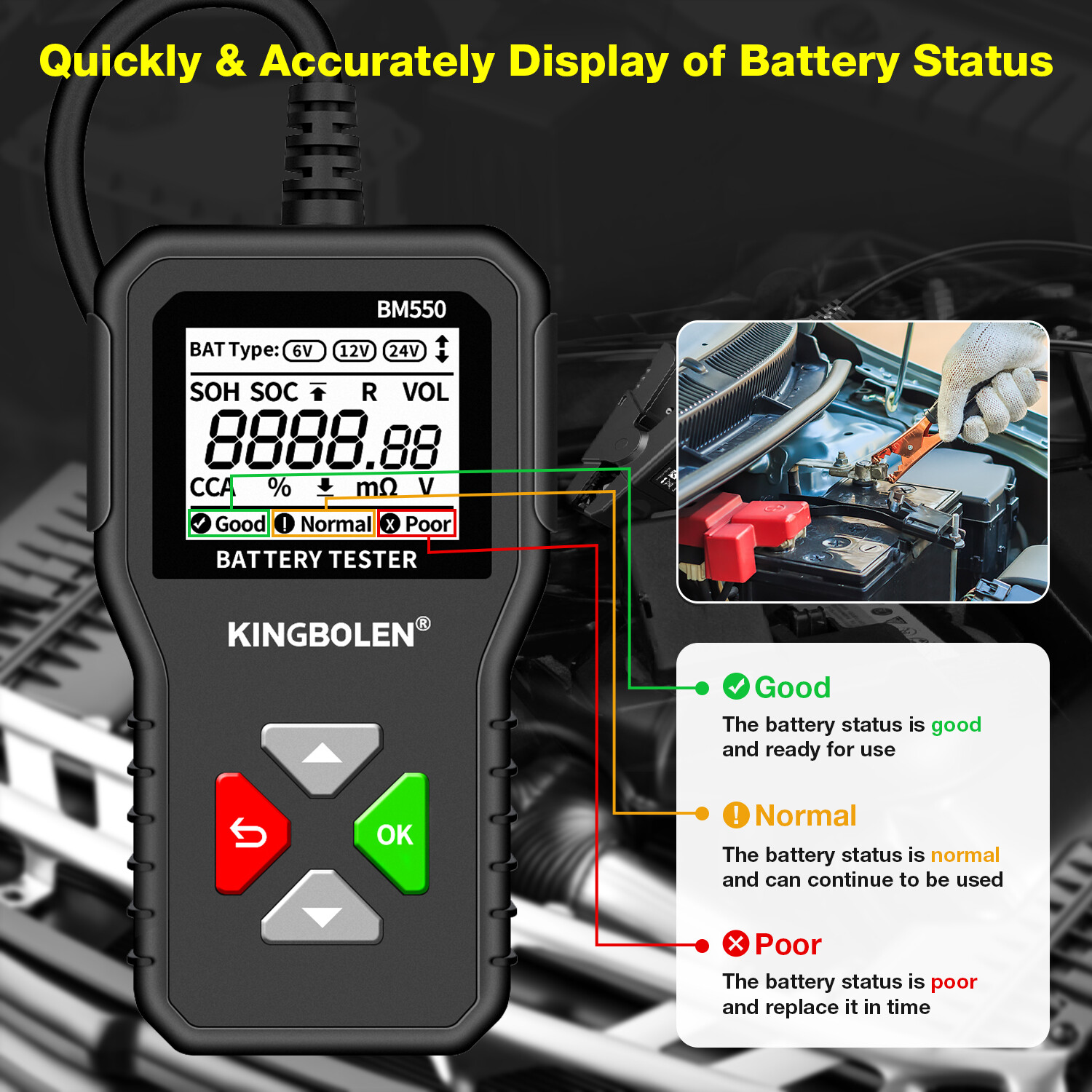 BM550 Car Battery Tester Analyzer CCA100~2000 Cranking Charging Test 6V/12V/24V