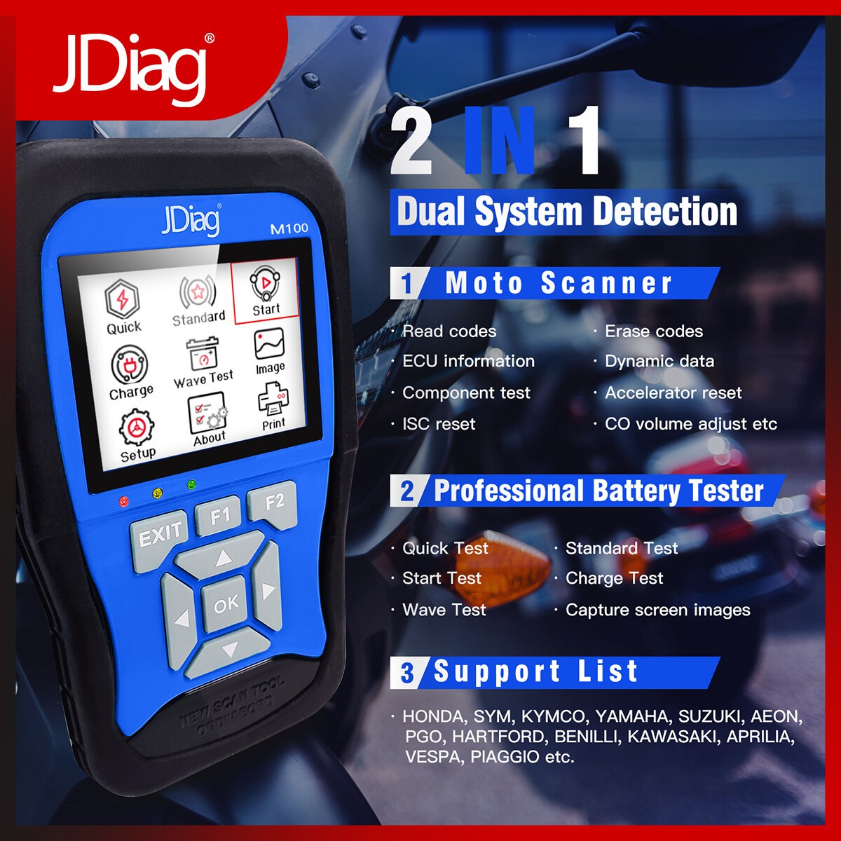Original TopDiag M100 Professional Motorcycle Diagnostic Tool Battery Tester