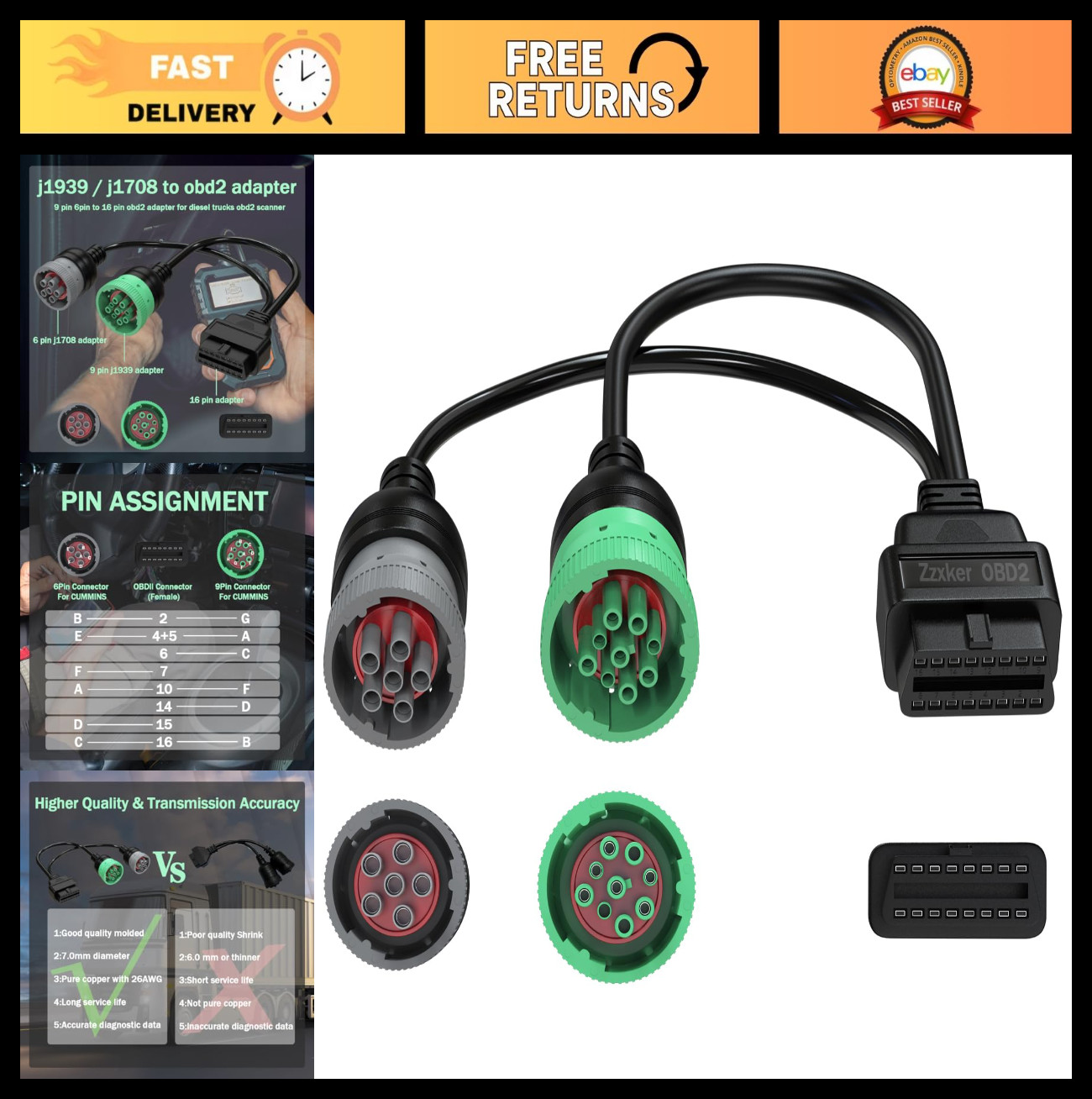 2-in-1 OBD2 Adapter Cable, 9 Pin J1939 & 6 Pin J1708 to 16 Pin Split Y Cable for