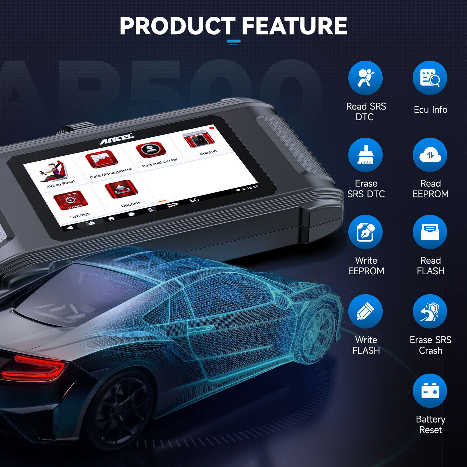 ANCEL AR500 Auto OBD2 Scanner Read SRS Airbag Crash Data Module Reset Tool