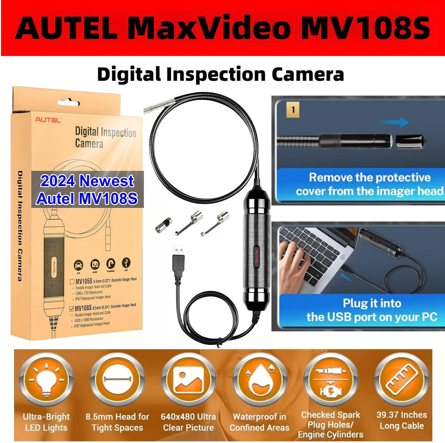 2026 Autel MaxiVideo MV108S 8.5mm Diameter Digital Inspection Camera Video Scope