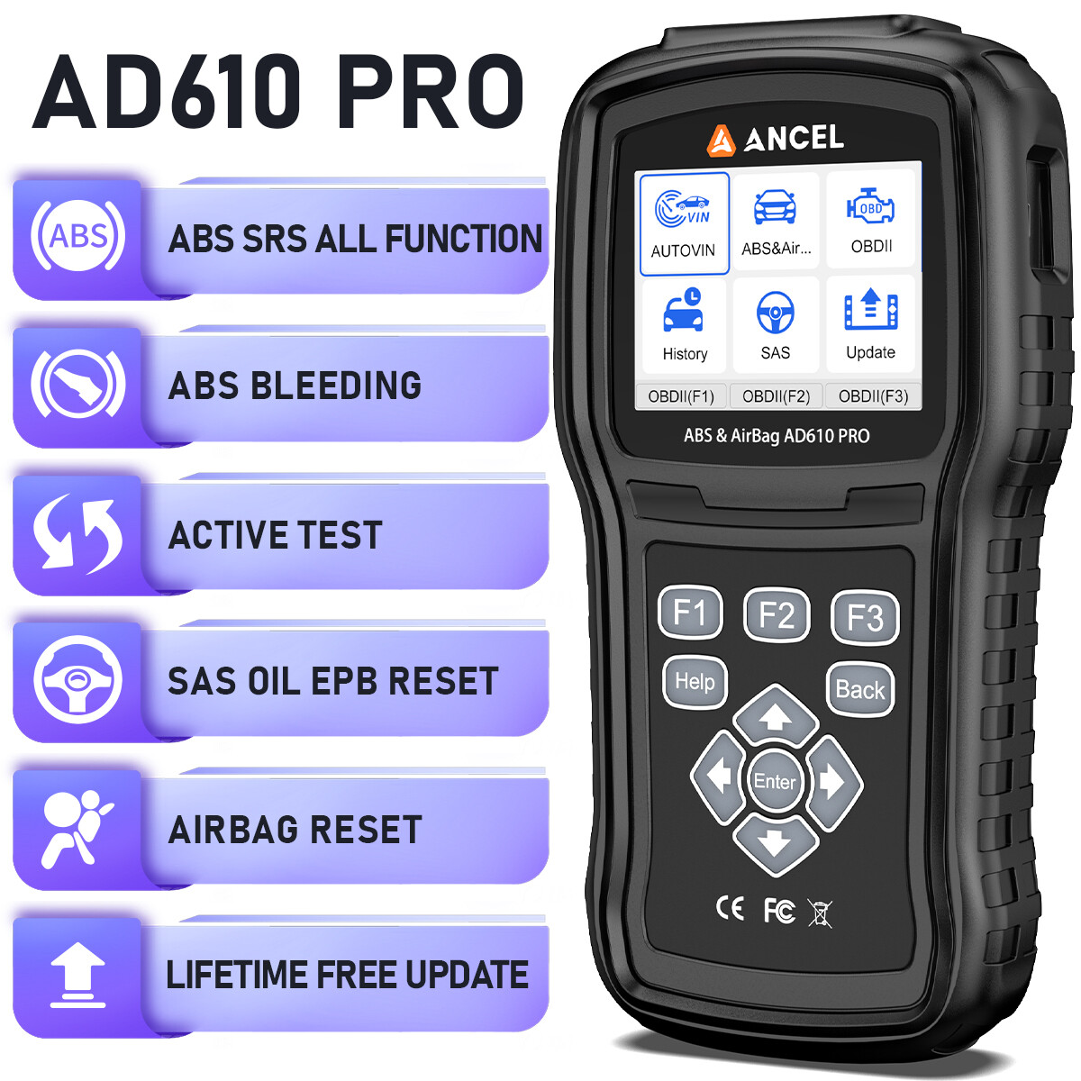 ANCEL AD610 Pro Car OBD2 Scanner ABS SRS Oil EPB SAS Active Test Diagnostic Tool