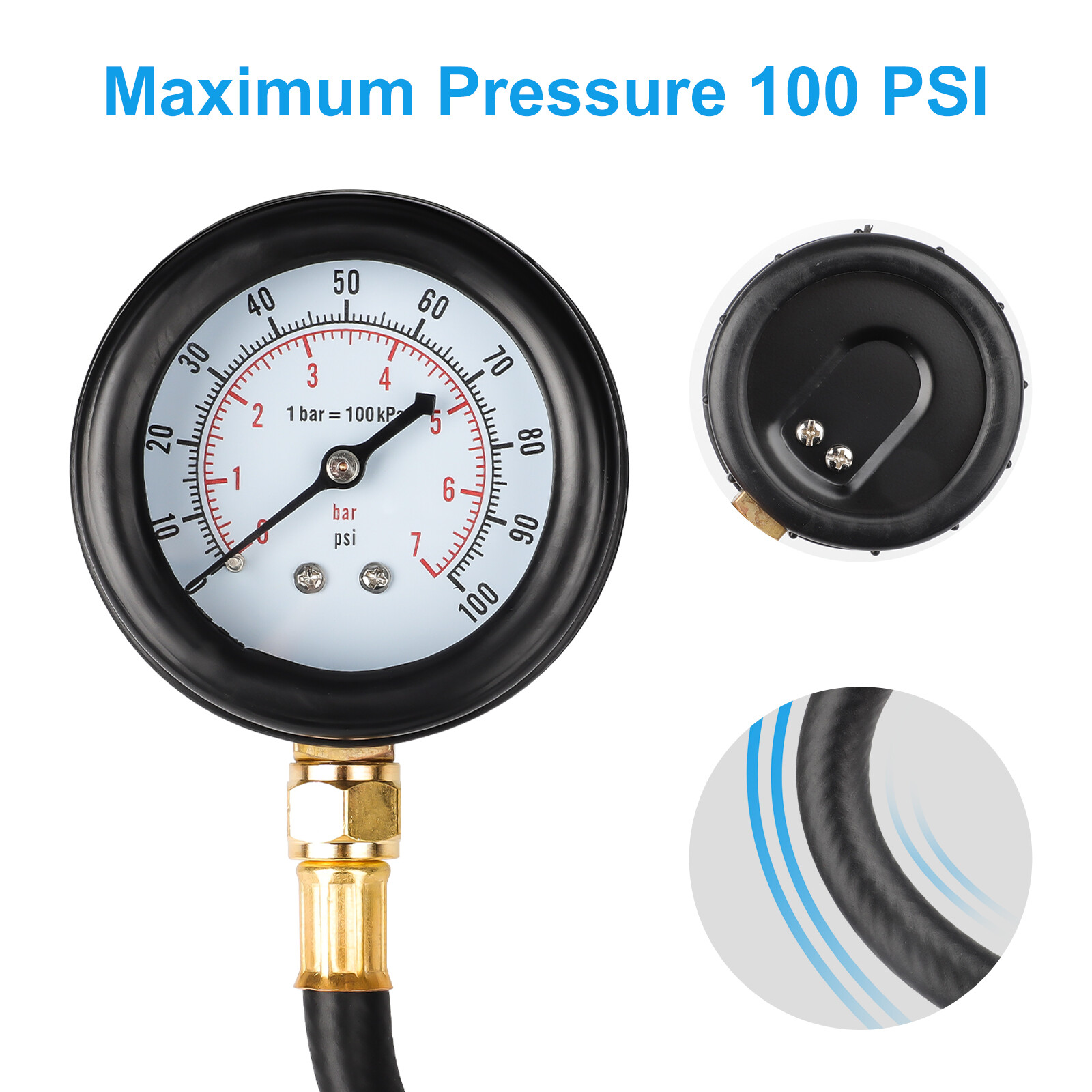 Car Fuel Injection Pressure Tester Gauge Set with 3PCS Quick Connectors 0-100PSI