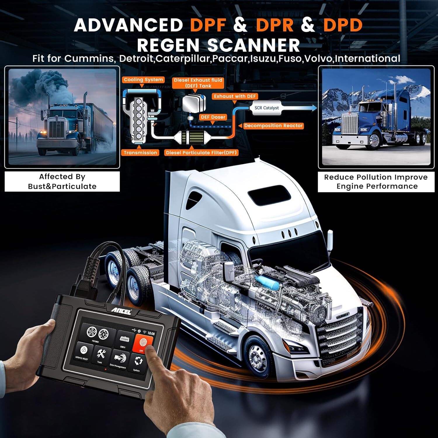 ANCEL HD3300 Pro HD Truck Scanner DPF Force Regen for Cummins Caterpillar Paccar