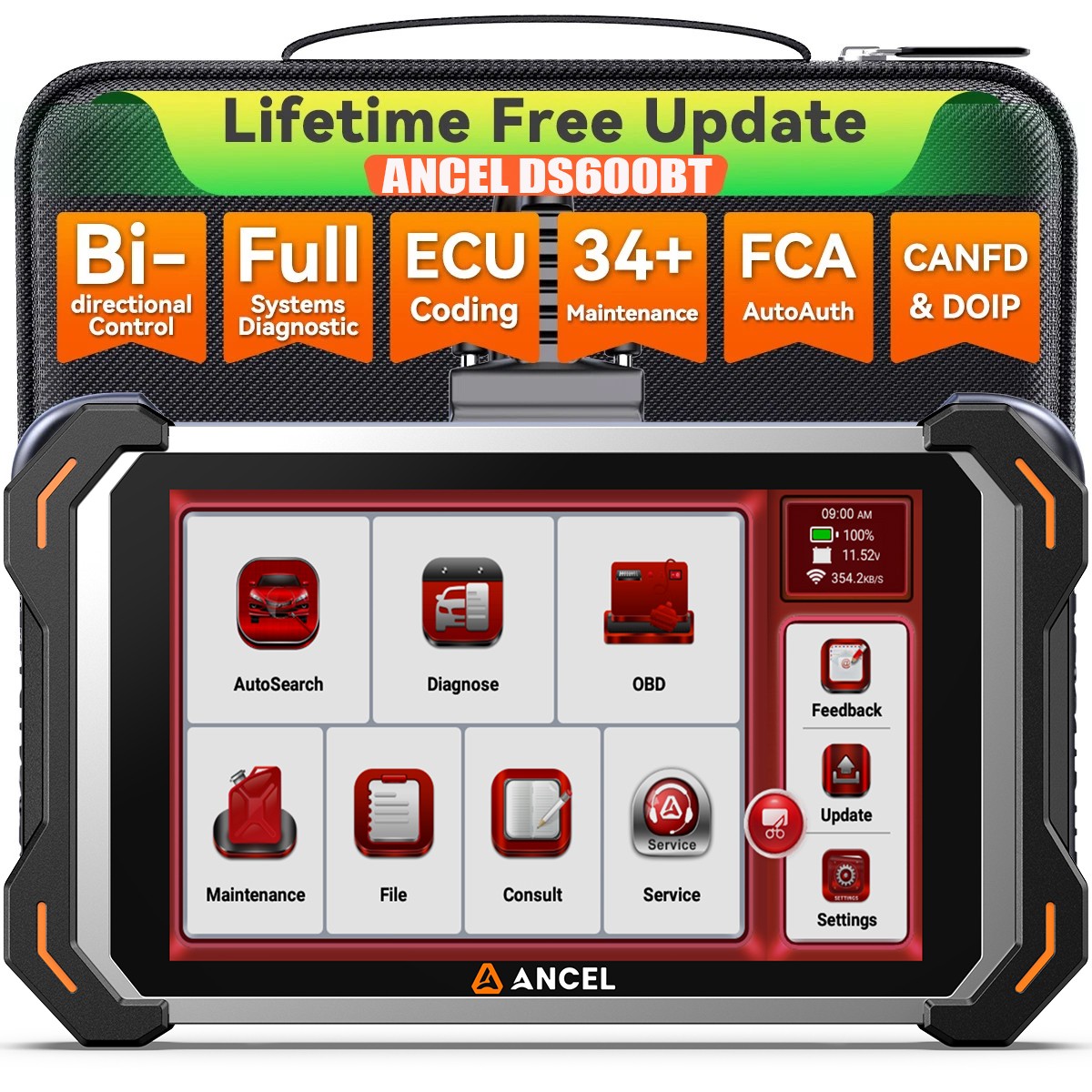 ANCEL DS600BT CANFD DOIP OBD2 Diagnostic Car Scanner ECU Coding Bi-Directional