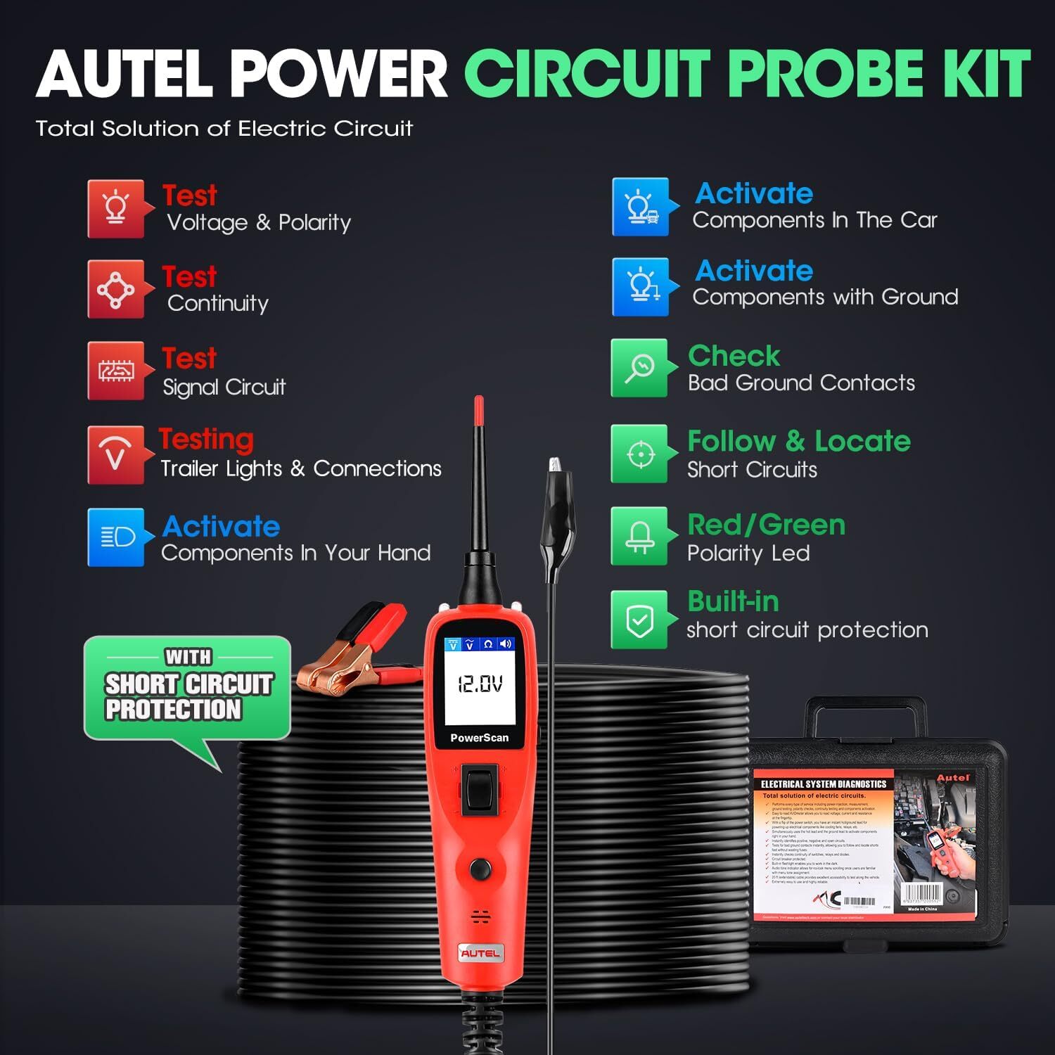 Autel PowerScan PS100 Automotive Circuit Tester, Power Circuit Probe Tool 12-24V