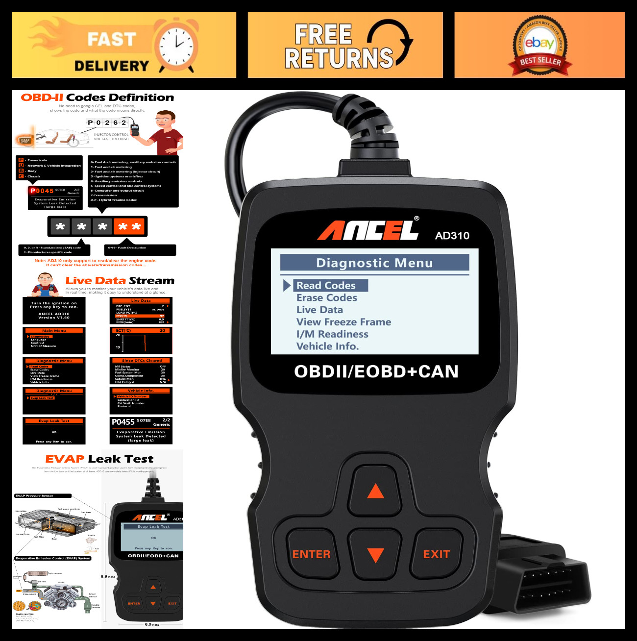 Universal OBD II Scanner Car Engine Fault Code Reader, CAN Diagnostic Tool, 1996