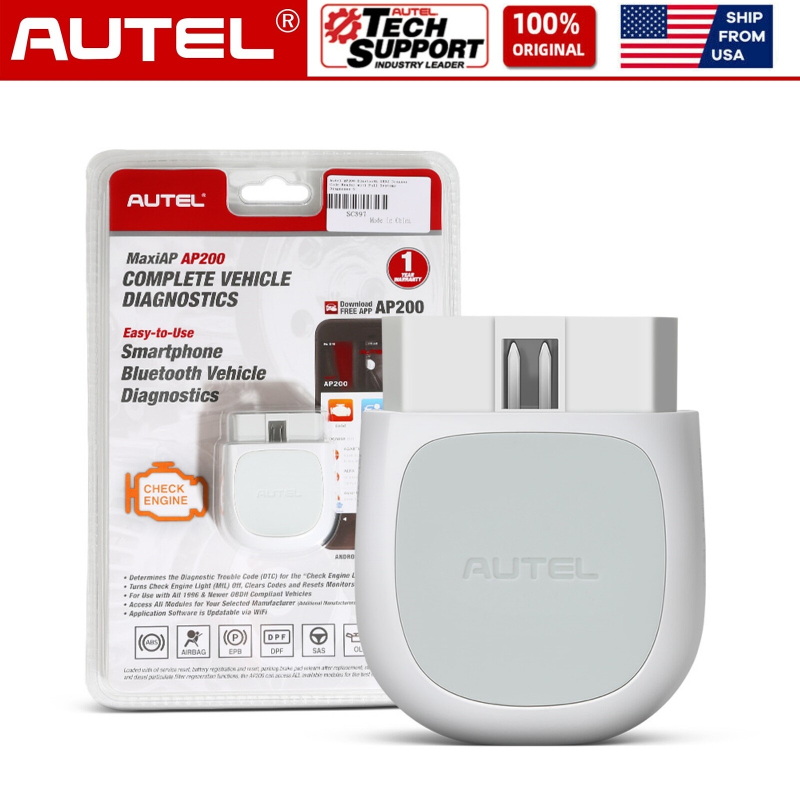 Autel MaxiAP AP200 OBD Scanner Car Diagnostic AutoVIN IMMO EBP TPMS Code Reader