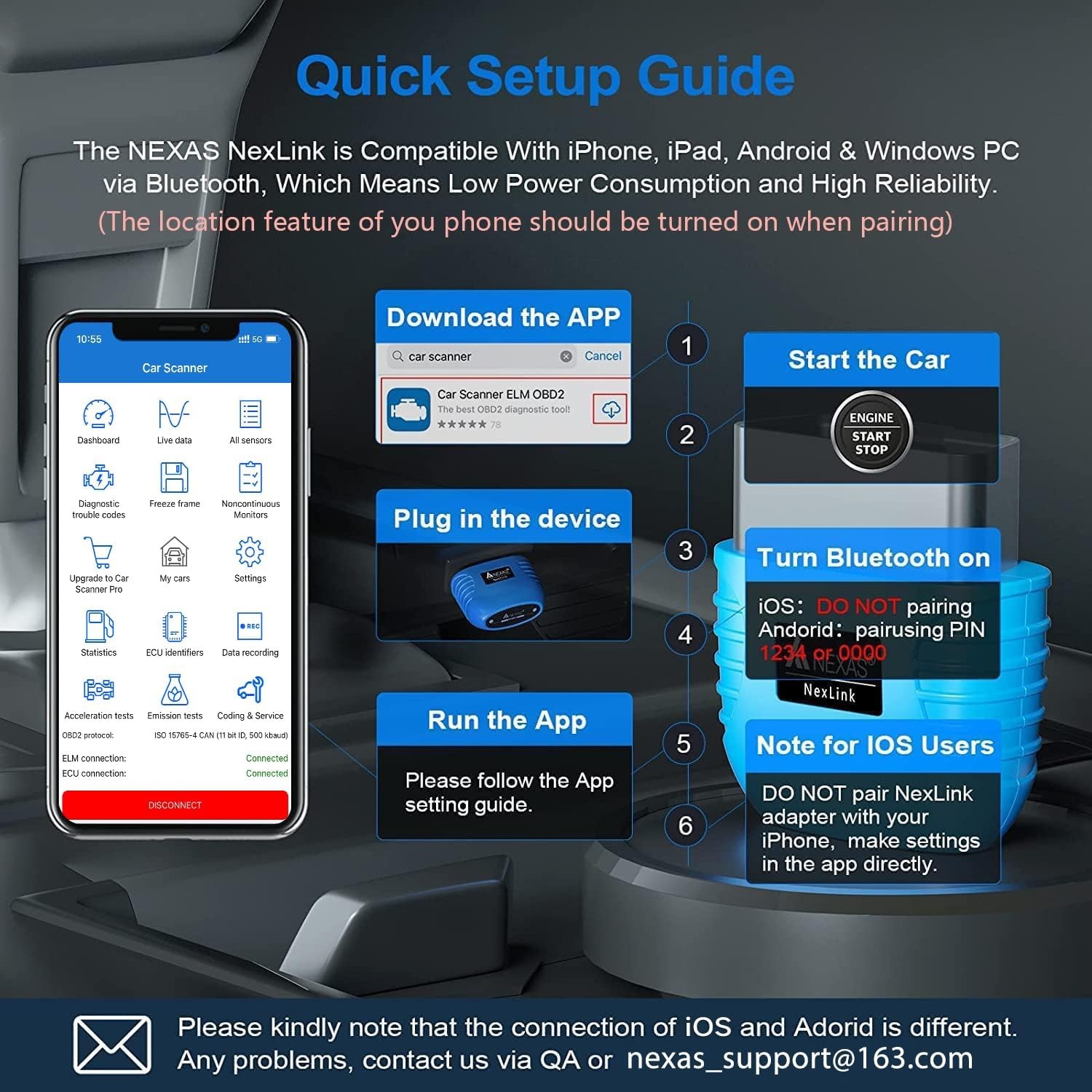 NEXAS NexLINK Bluetooth OBD2 Scanner for Car – Check Engine Light Code Reader