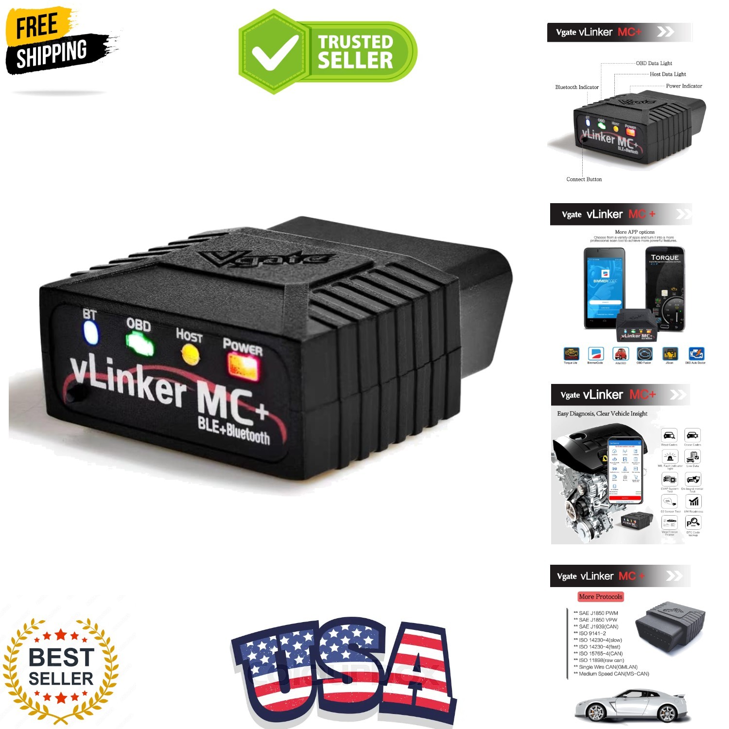 vLinker MC+ Bluetooth Car Diagnostic Scan Tool for iOS, Android, Windows