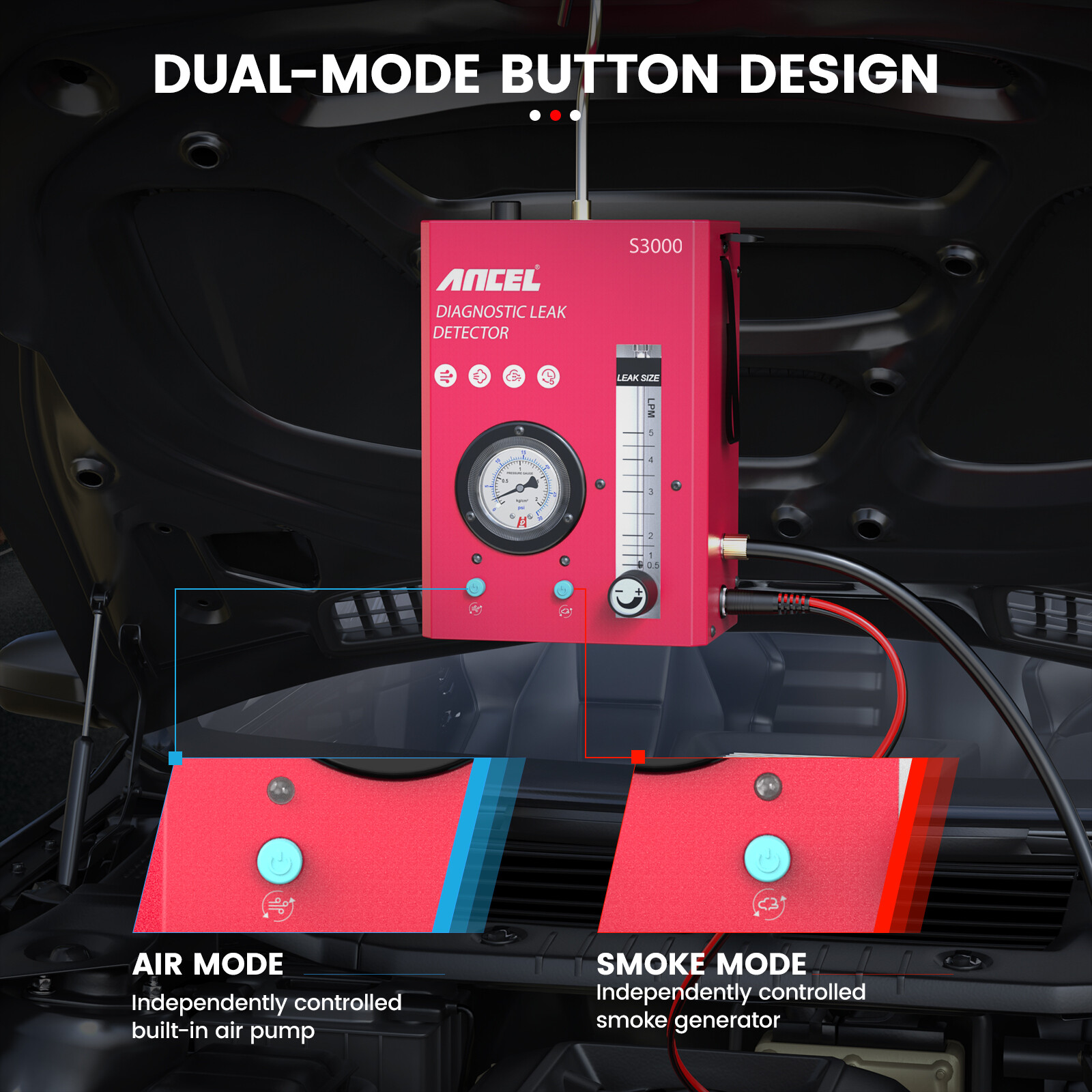 ANCEL S3000 Smoke Leak Detector Dual Air Smoke Modes 12V EVAP System Diagnostic