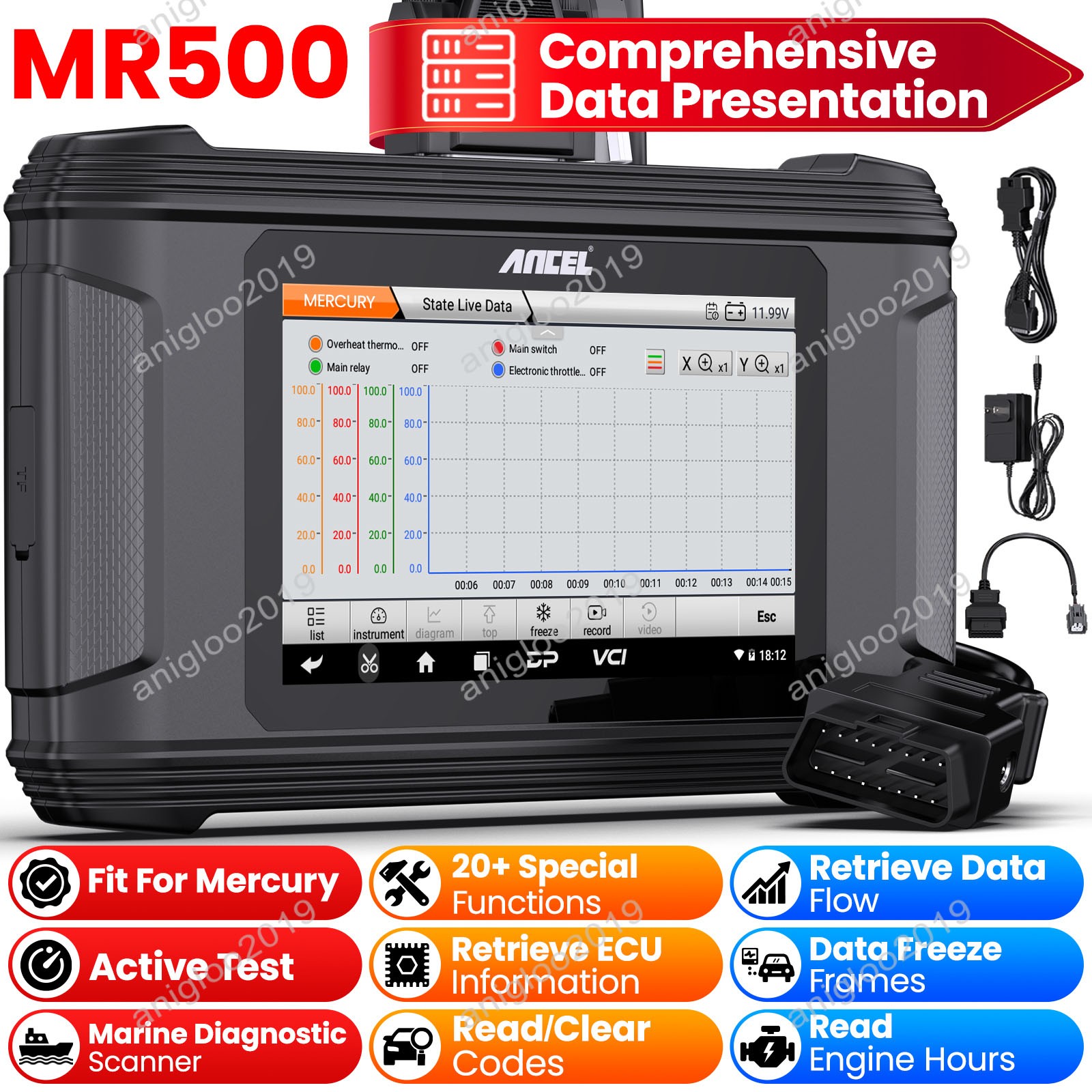 ANCEL MR500 For Mercury Marine Diagnostic Tool Hours Live Data Fault Code Erase
