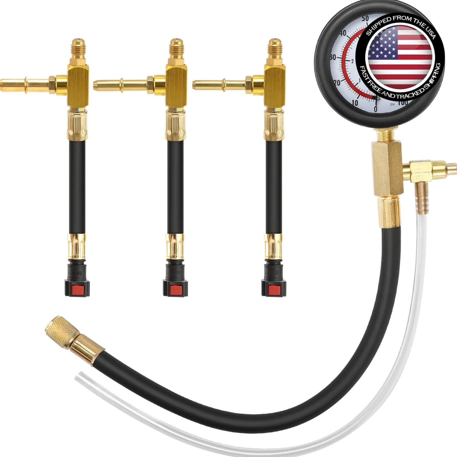 Fuel Pressure Kit 0-100 PSI Brass Rubber Fittings 3 Sizes Adapters