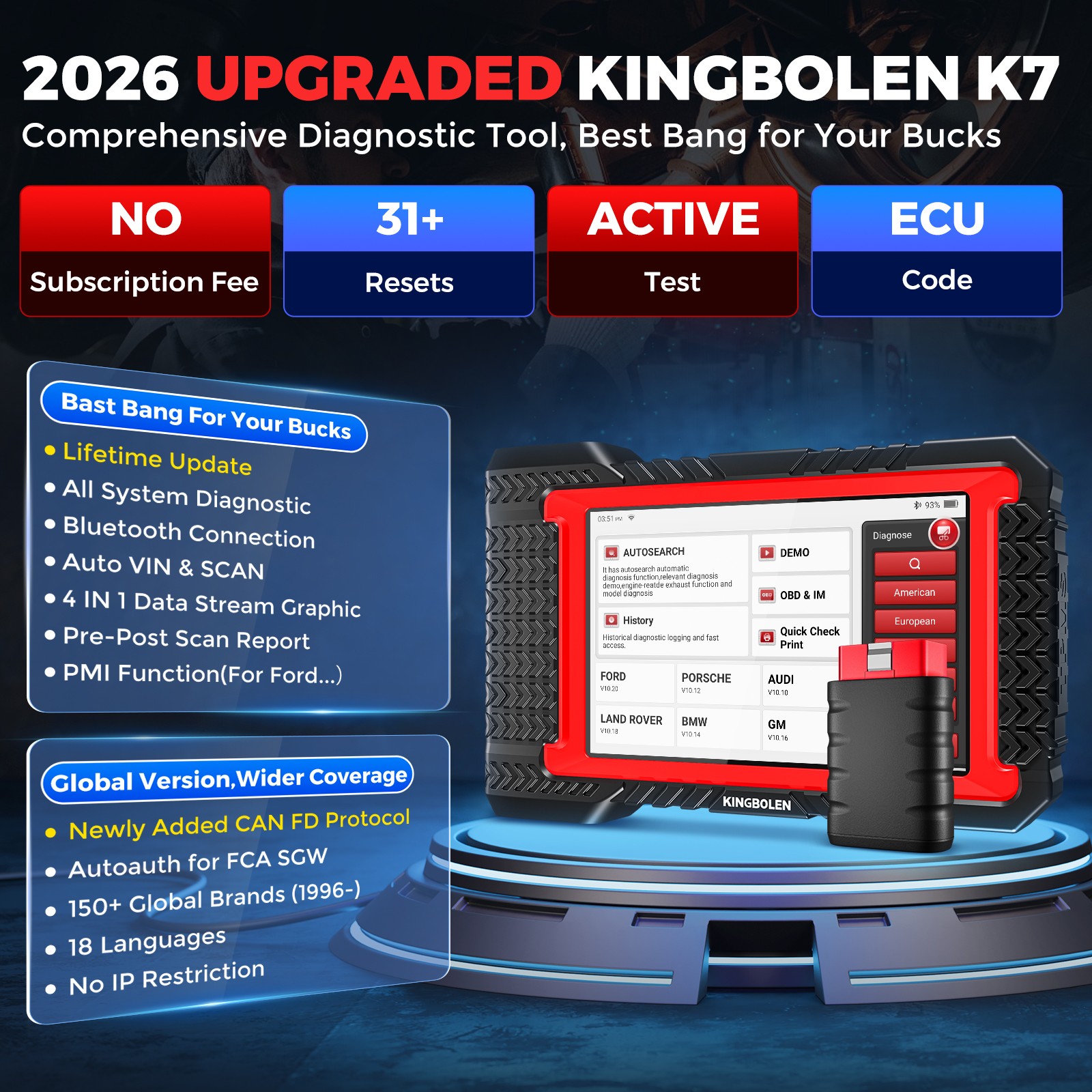 2026 KINGBOLEN K7 BT Car Bidirectional Scanner Auto Full System Diagnostic Tool