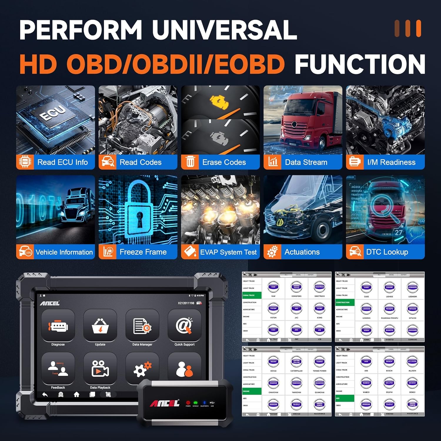 Heavy Duty Diesel Truck Scanner Diagnostic Tool ABS DPF Regen Coding Programming