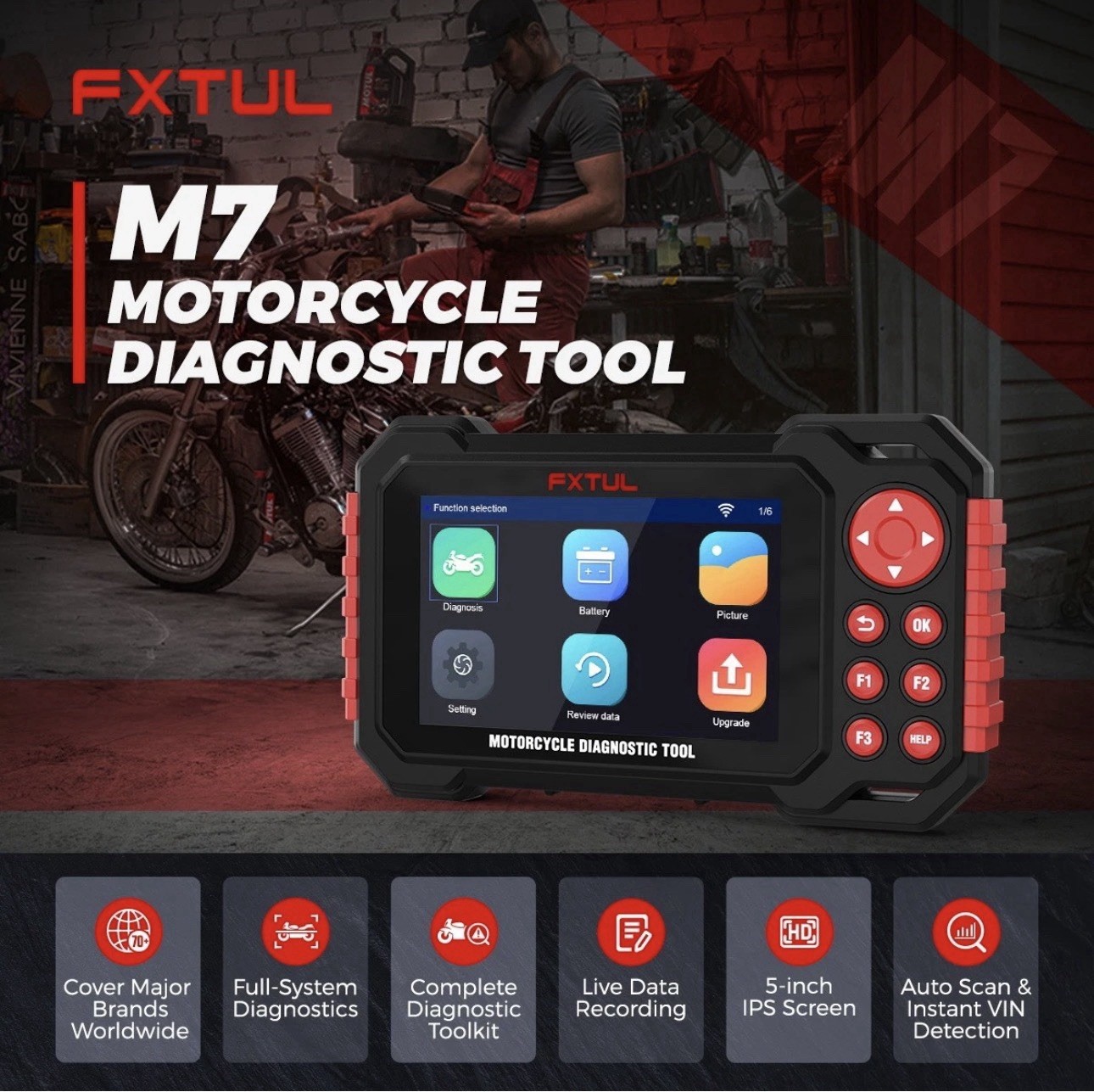 FXTUL M7 Motorcycle Code Reader & Diagnostic tool Obd Scanner Covers 70+ Brands