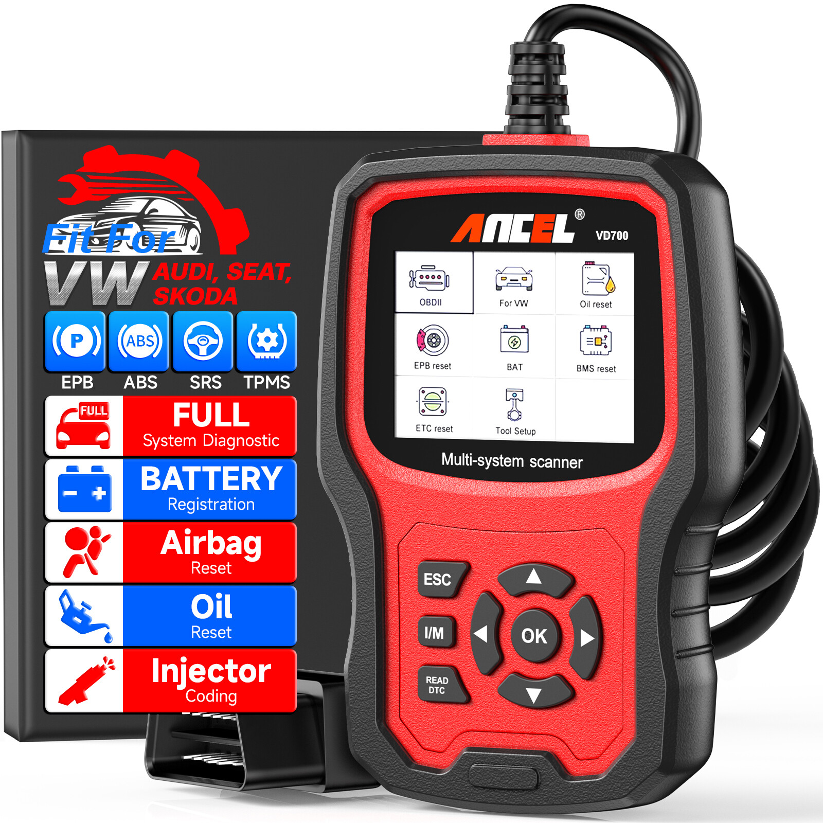 Ancel VD700 For VW Audi All System Car OBD2 Diagnostic Scanner EPB Oil TPMS DPF