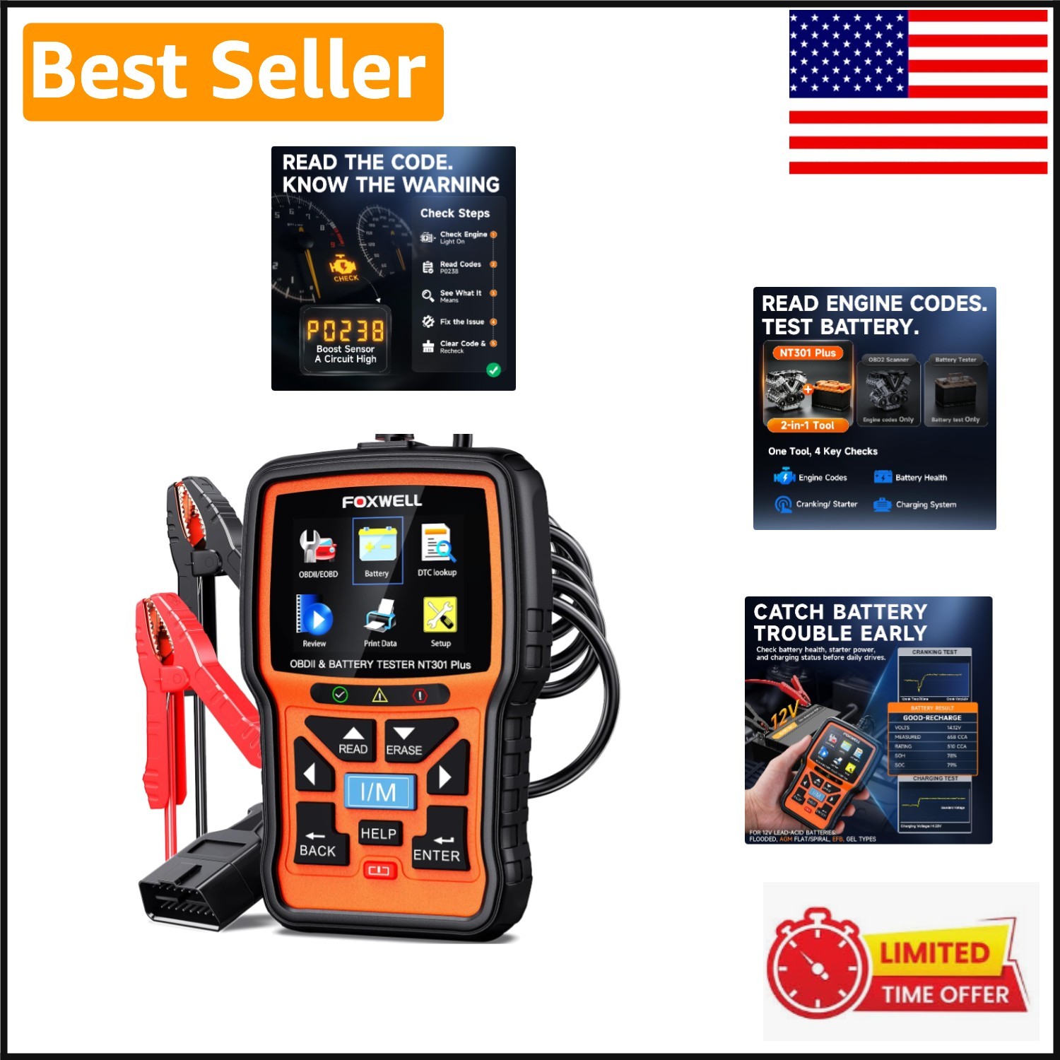 Portable NT301 Plus 2-in-1 Car Scanner & Battery Tester – Live Data & DTC Lookup