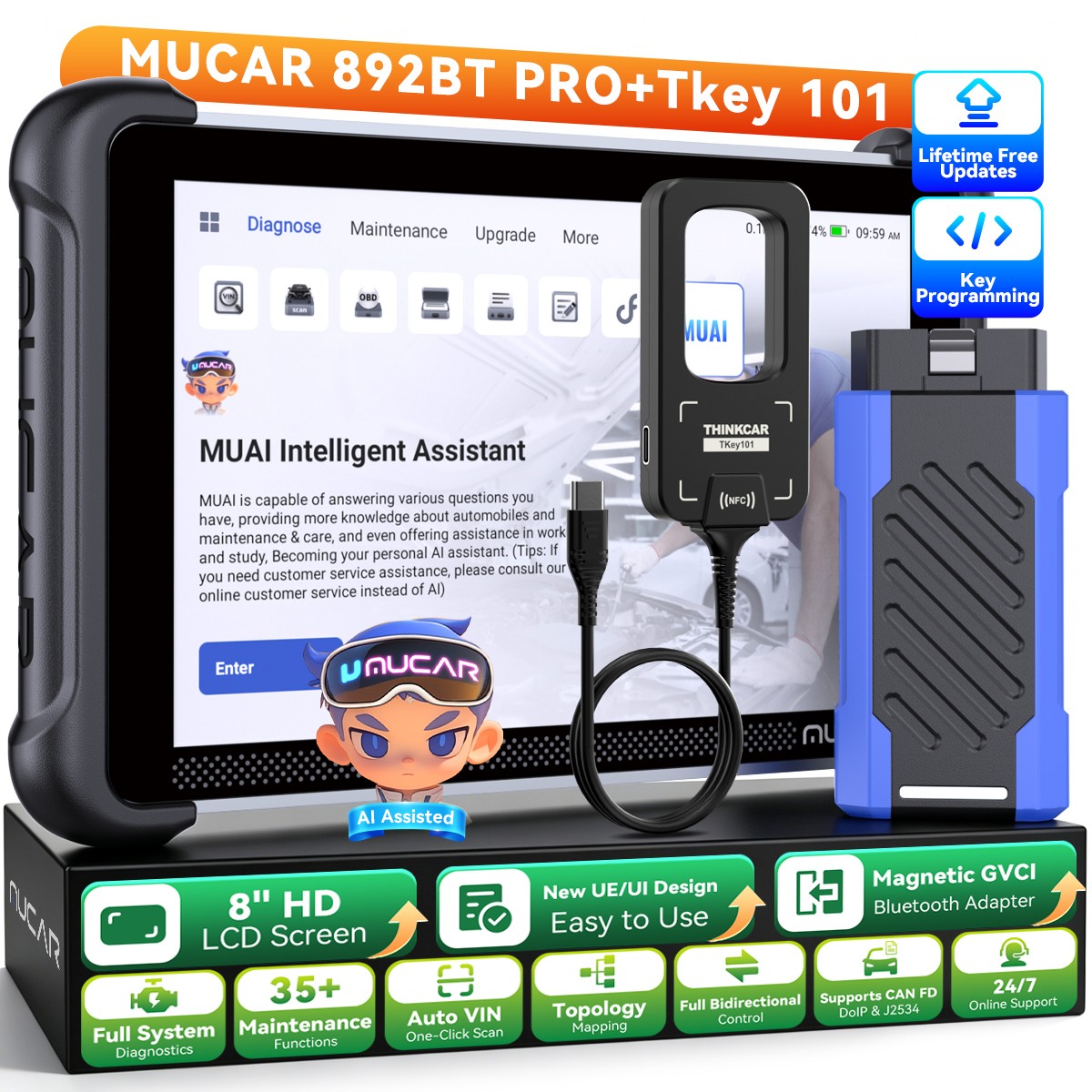 MUCAR 892BT PRO AI-Assisted Diagnostic Car Scanner OBD2 Topology Map w/Tkey 101