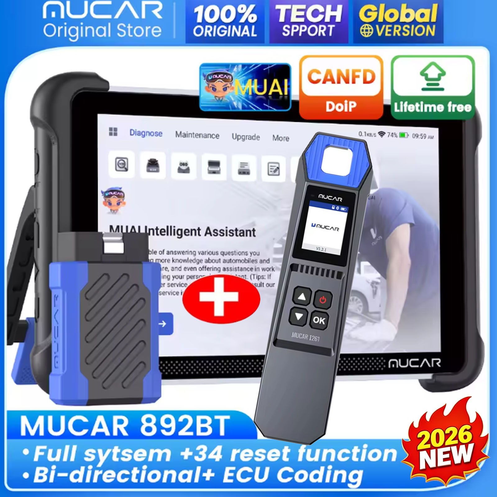 Mucar 892BT AI Assisted OBD2 Scanner Diagnostic Full System MUCAR T261 TPMS Tool
