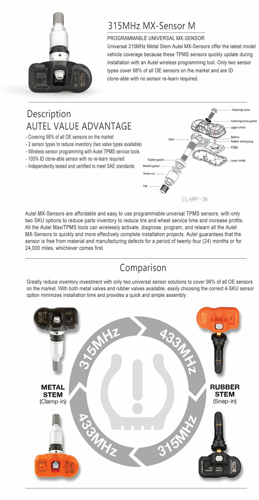 Autel TPMS MX-Sensor 315MHz & 433MHz 2 in 1 Auto Tire Pressure Sensor Metal Stem