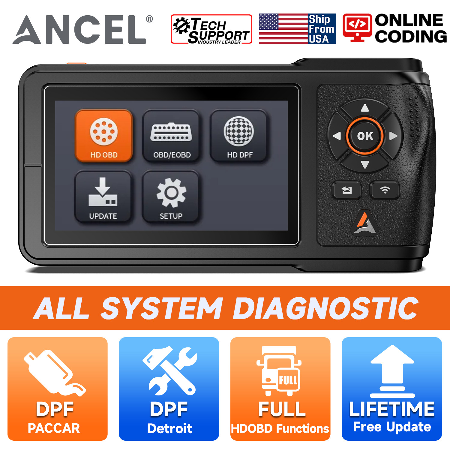 ANCEL HD431 Heavy Duty Truck Scanner Diagnostic Tool DPF Regen Reset for Detroit