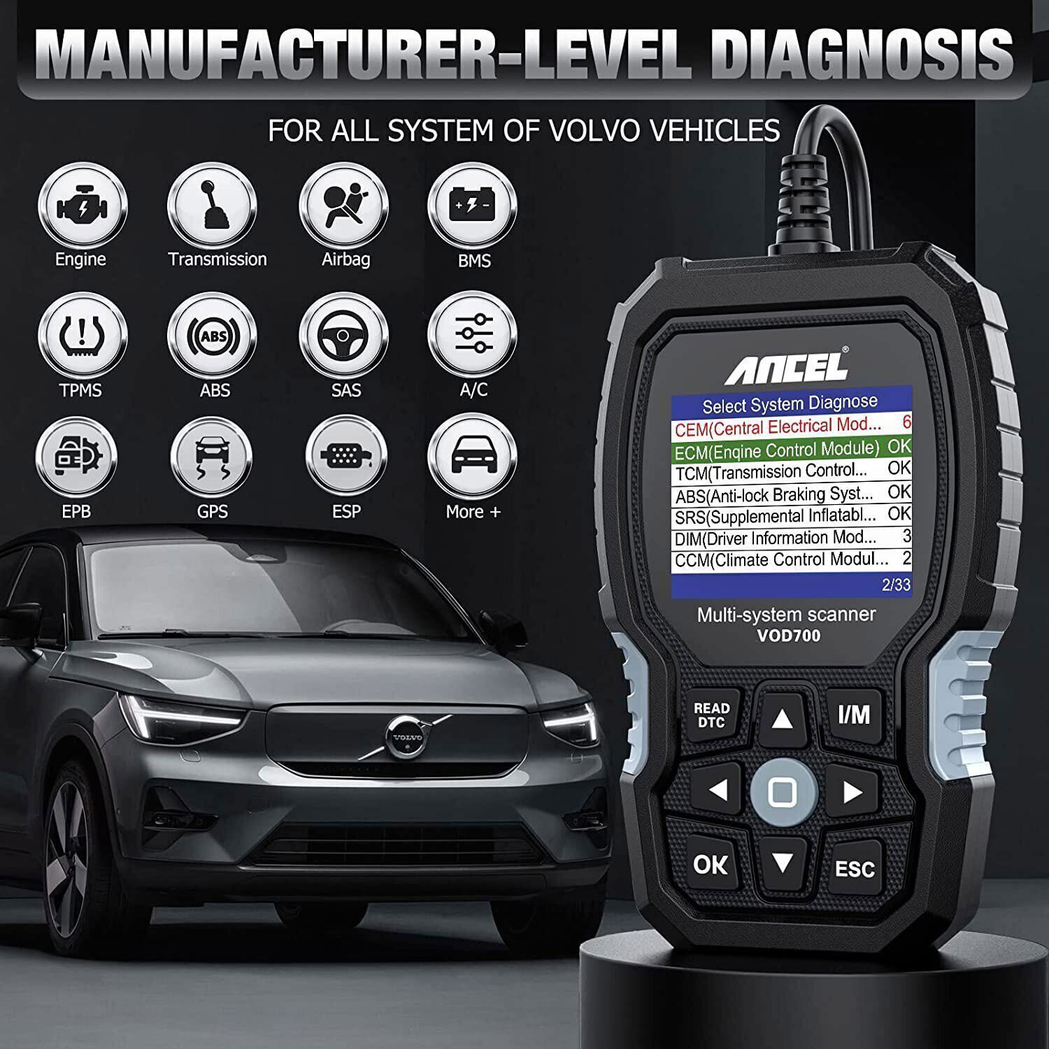 ANCEL VOD700 Full System OBD2 Scanner ABS Oil ETC EPB TPMS Reset Fit for VOLVO