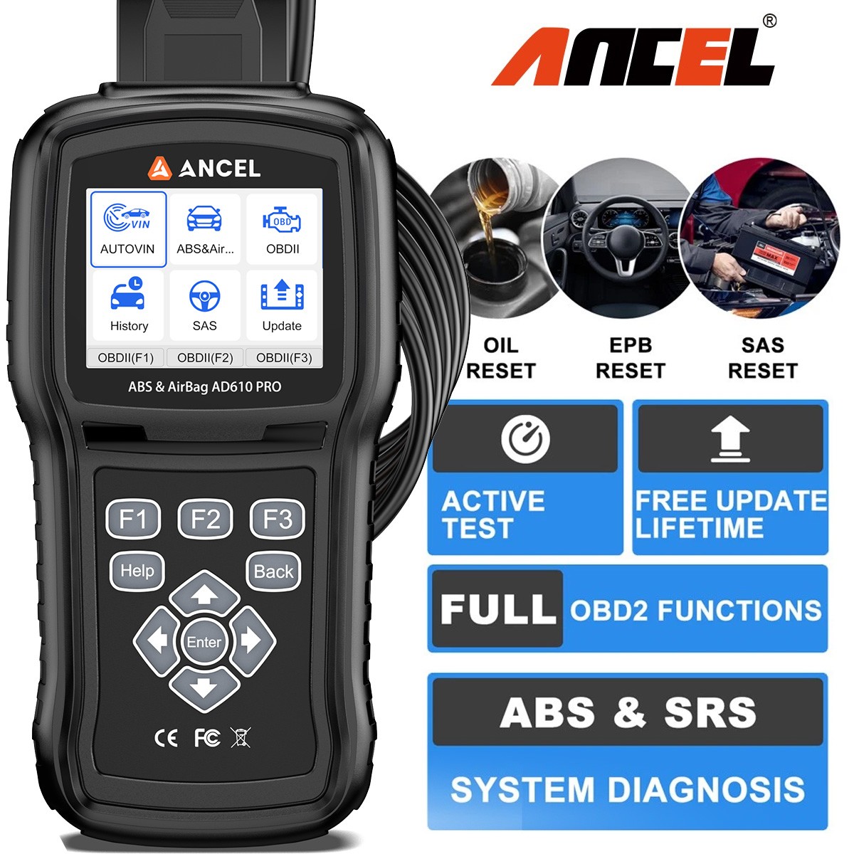 ANCEL AD610 PRO OBD2 Scanner Diagnostic ABS SRS OIL Reset Active Test WIFIUpdate