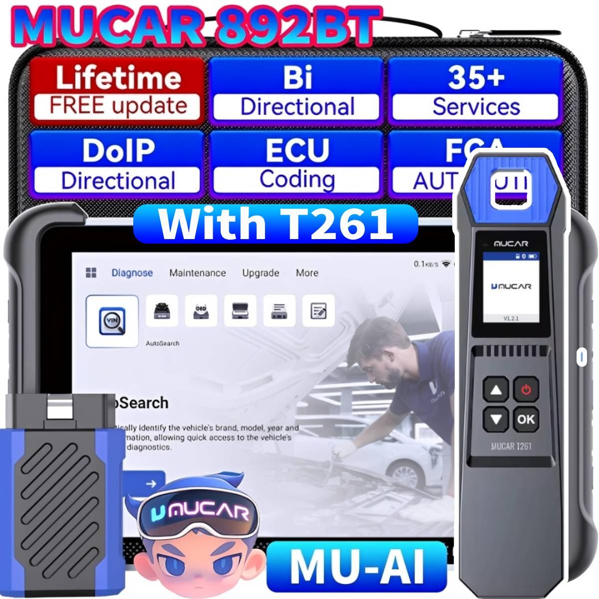 MUCAR 892BT+TPMS programmer T261 MUAI-Diagnostic Scanner CANFD & DOIP 35 Resets