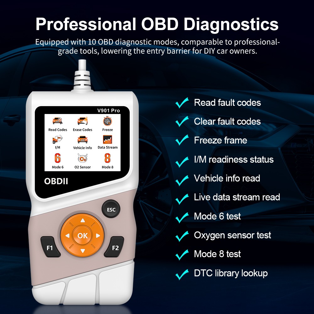 V901 Pro OBDII Diagnostic Tool Alligator Clip Cloud Print Performance Tester