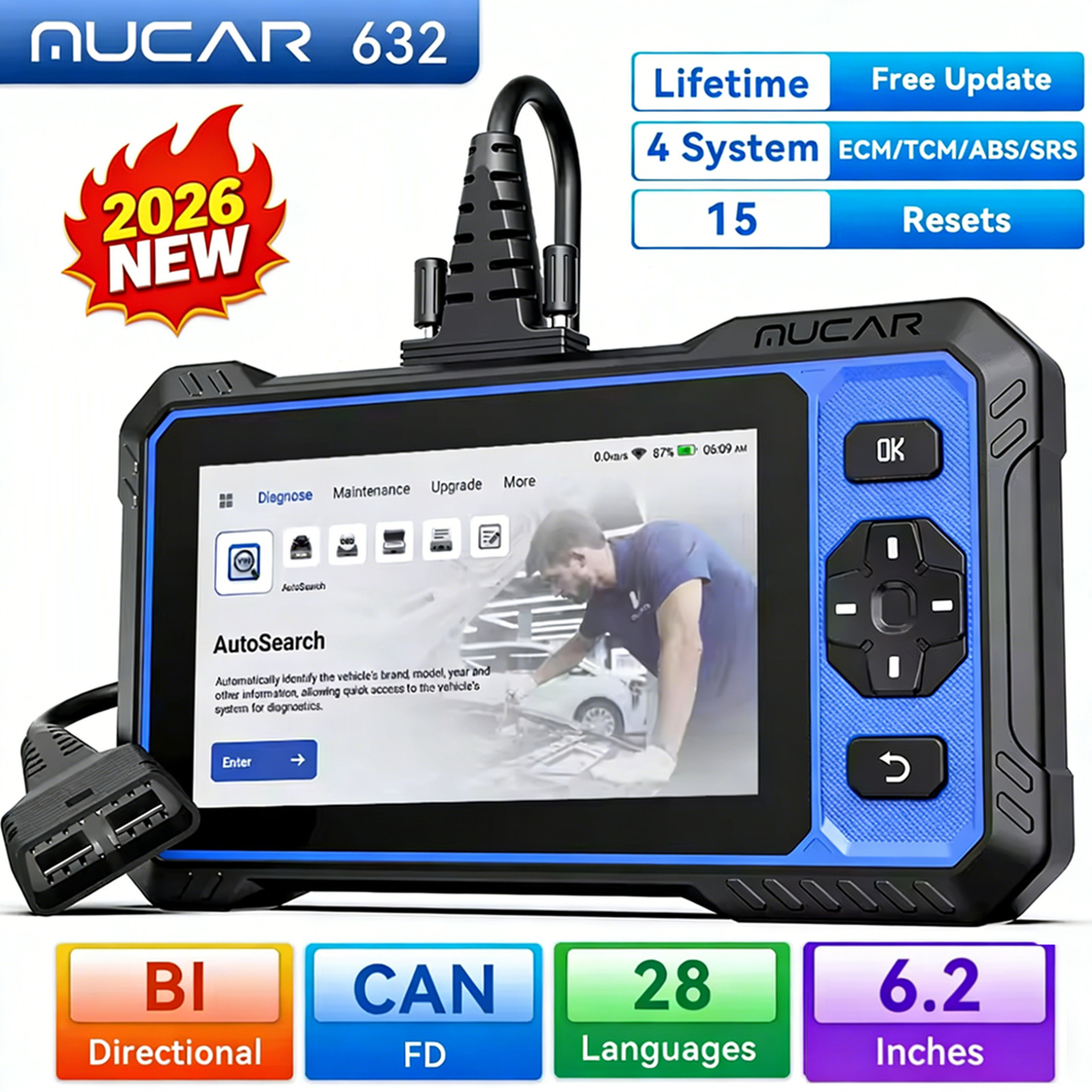 MUCAR 632 Auto OBD2 Diagnostic Scann Bidirectional Control CANFD AI Assisted SRS