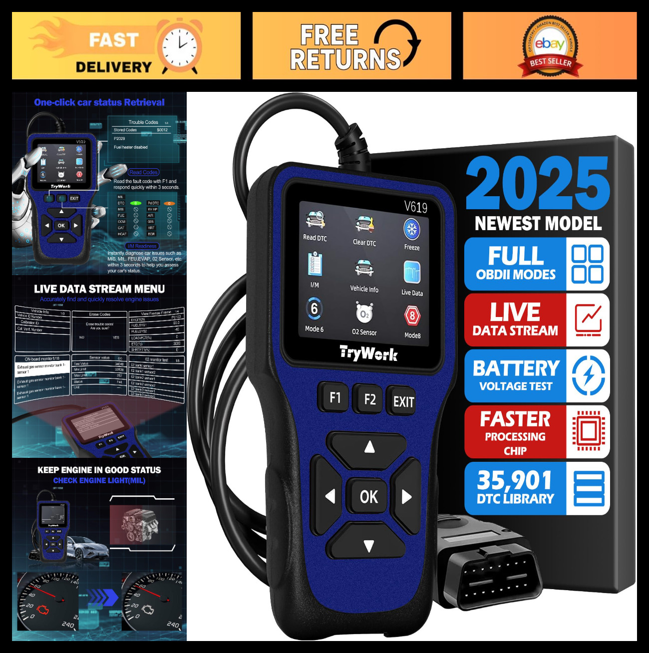 OBD2 Scanner Diagnostic Tool, Engine Code Reader, DTC Lookup, I/M Readiness, All