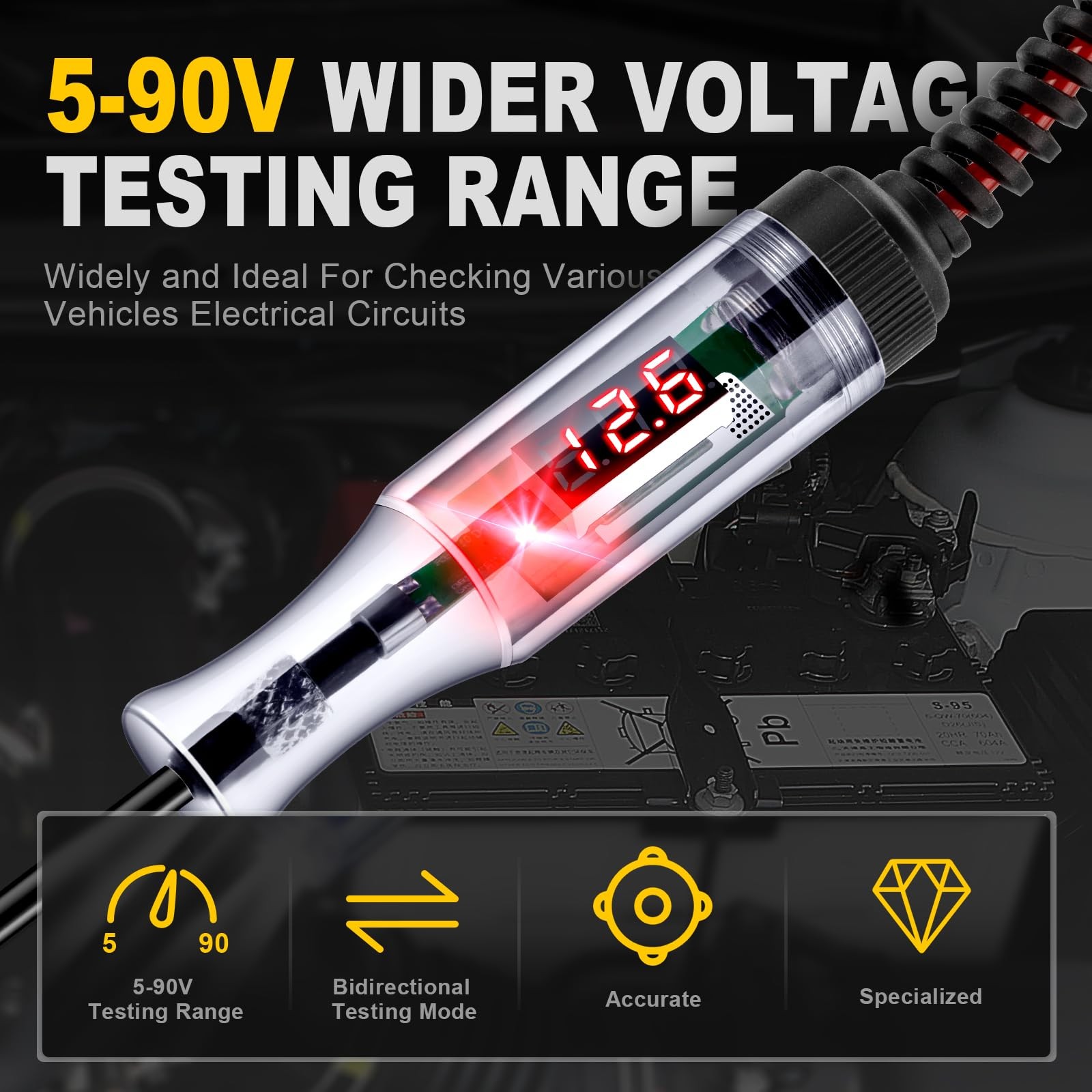 WINAMOO Automotive Test Light 5-90V Basic 90V LED Digital Display, red