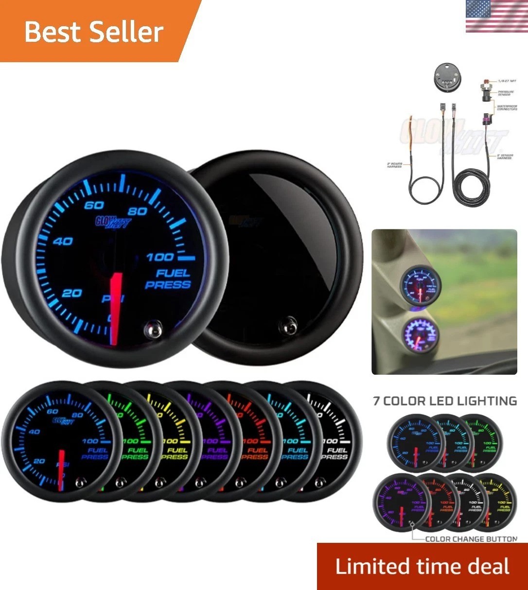 Tinted 7 Color 100 PSI Fuel Pressure Gauge Kit – Includes 1/8-27 NPT Electron…