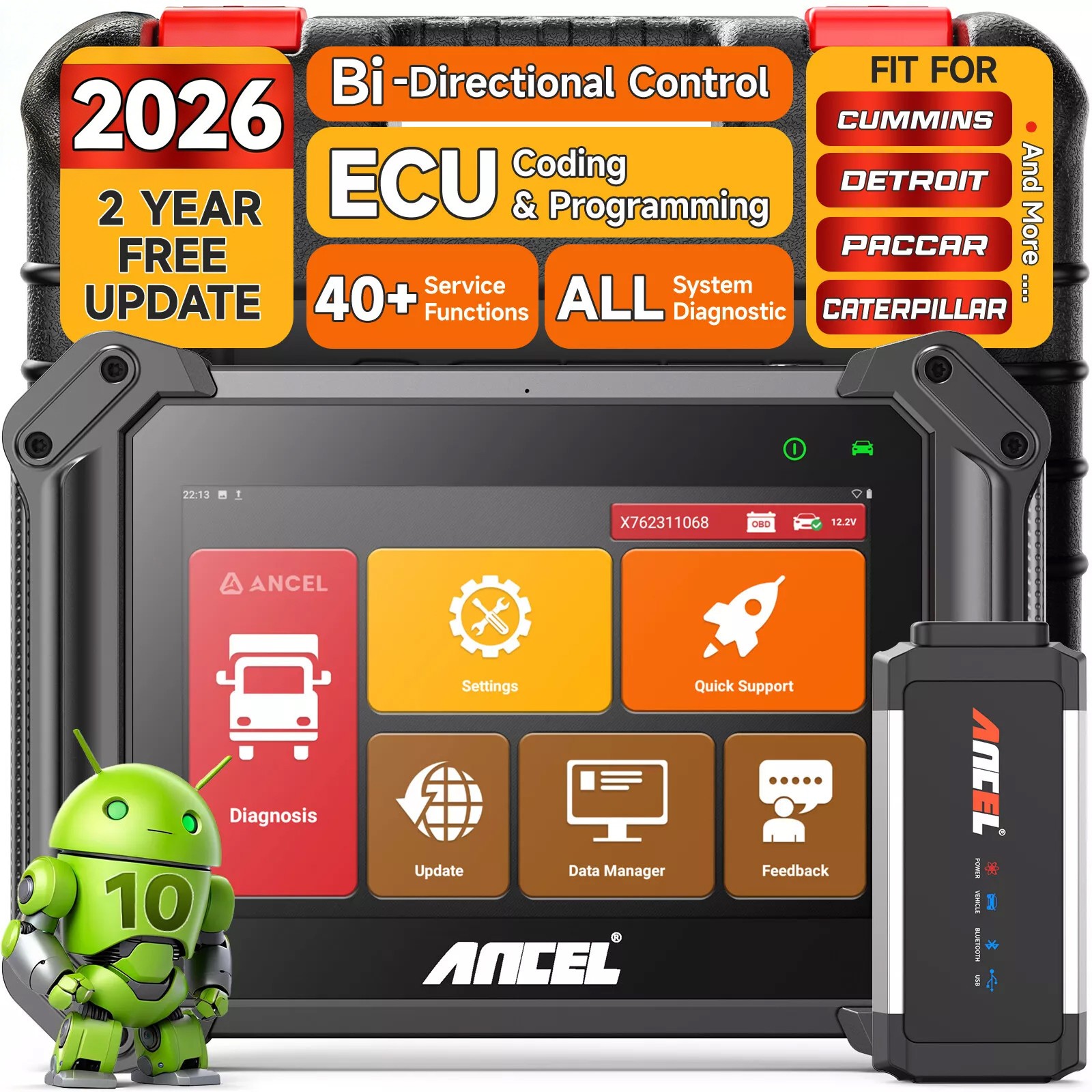 ANCEL V6HD Heavy Duty Truck Scanner DPF Regen ECU Coding Diagnostic Tool 8-Inch
